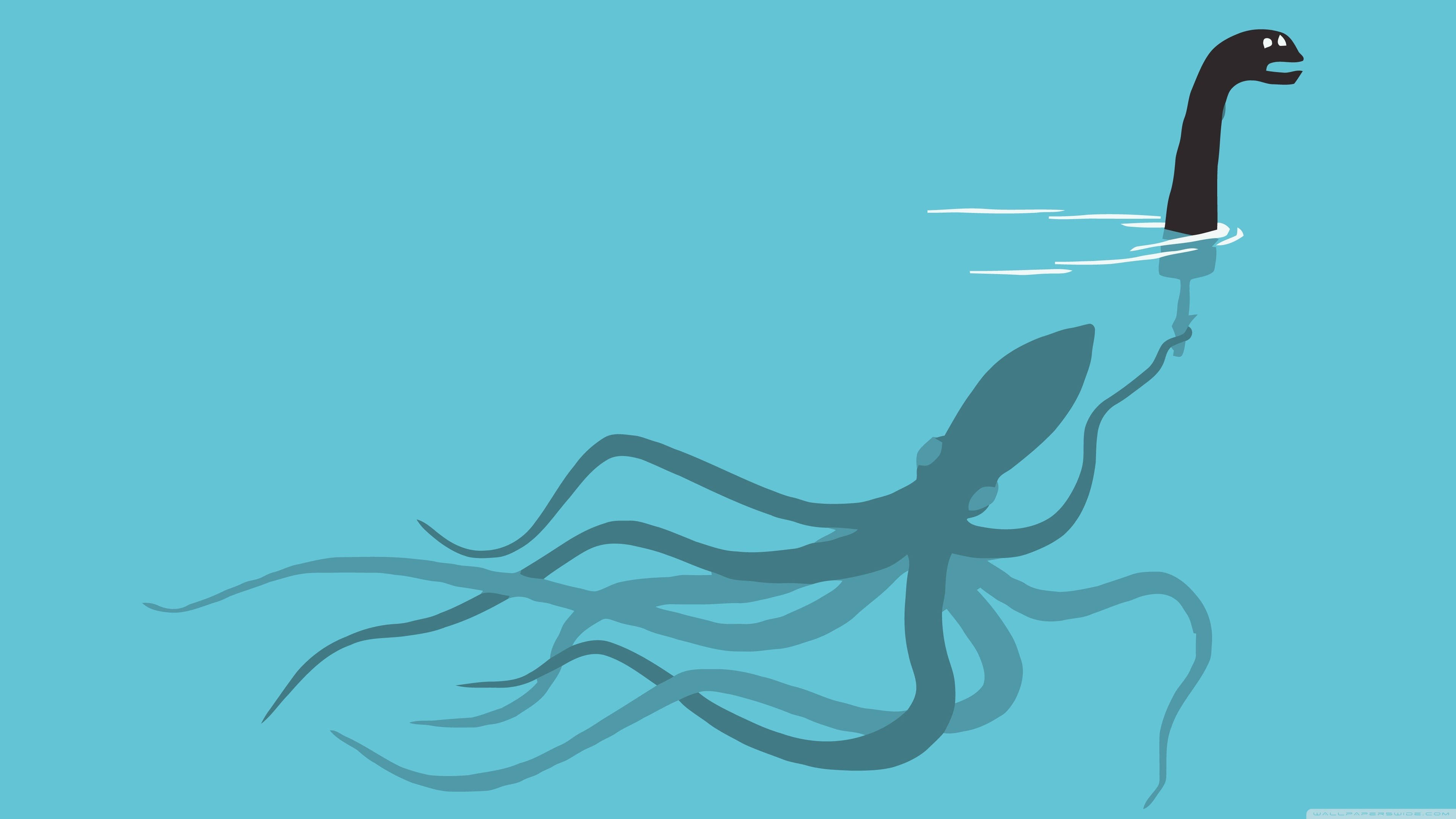 sea monster, cartoonish black octopus, long neck, 4K Desktop Wallpaper
