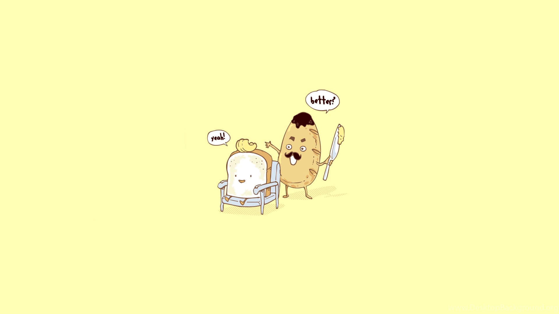 Bread And Butter Funny Simple Desktop, cartoon bread slice, smiling potato with a mustache, Full HD Desktop Wallpaper