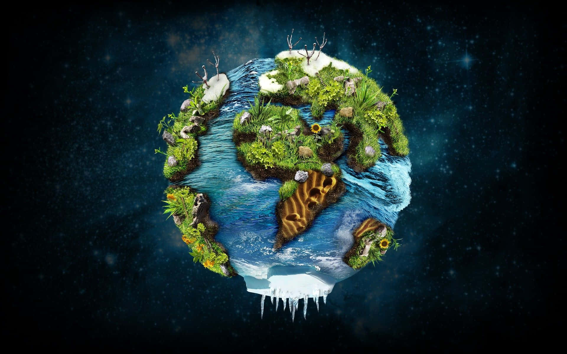 Crazy Desktop, floating globe, lush green continents, Full HD Desktop Wallpaper