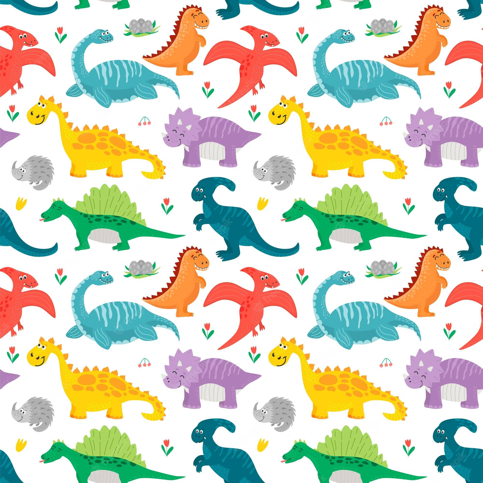 Funny Dinosaur, cartoon dinosaurs, small flowers, Full HD Desktop Wallpaper