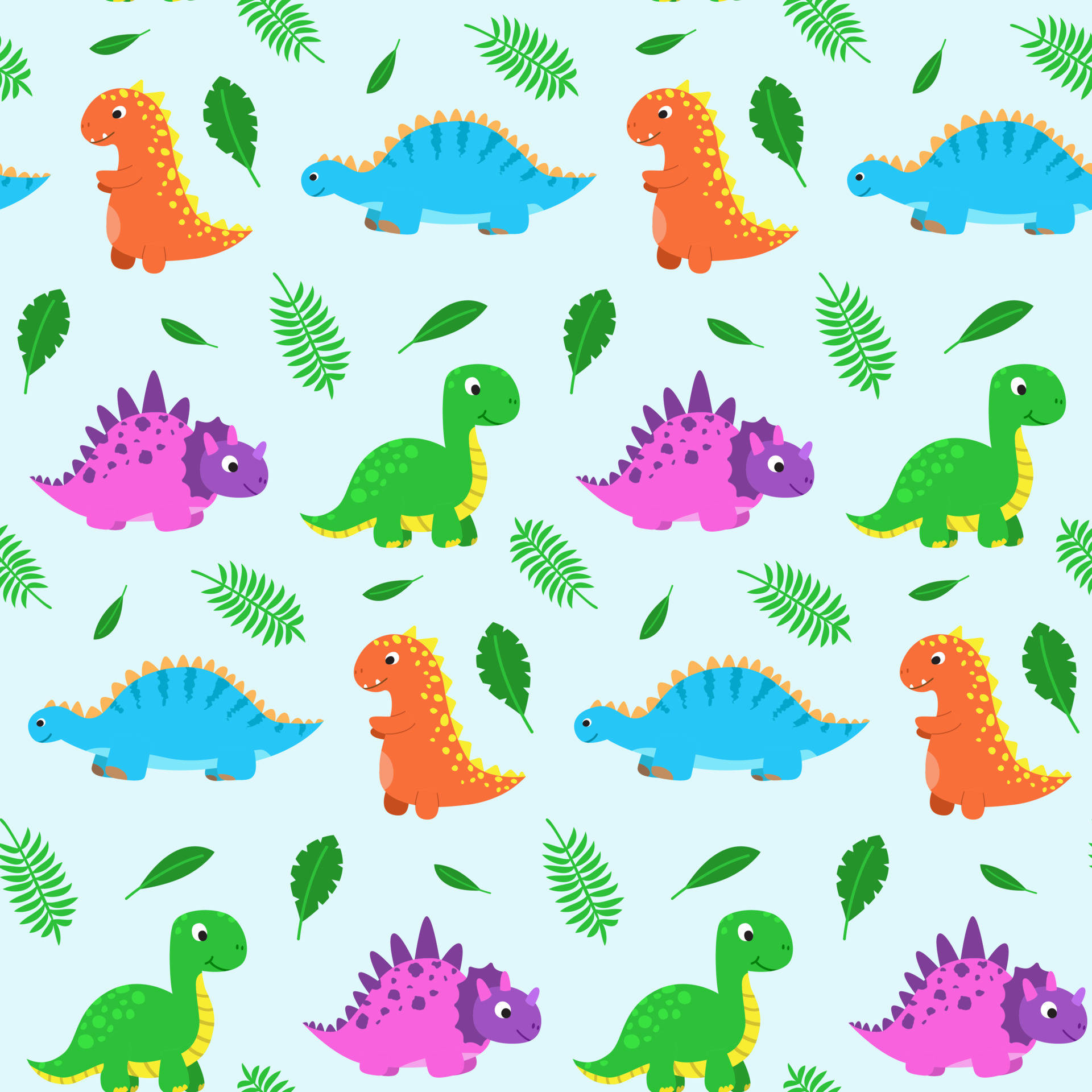 colorful cartoon dinosaurs, ferns, playful pattern, Full HD Desktop Wallpaper