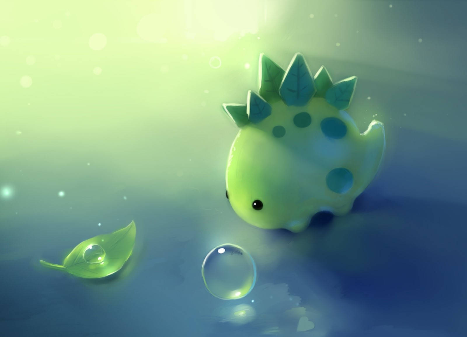 green dinosaur, leaf, dreamy gradient pool, HD Desktop Wallpaper