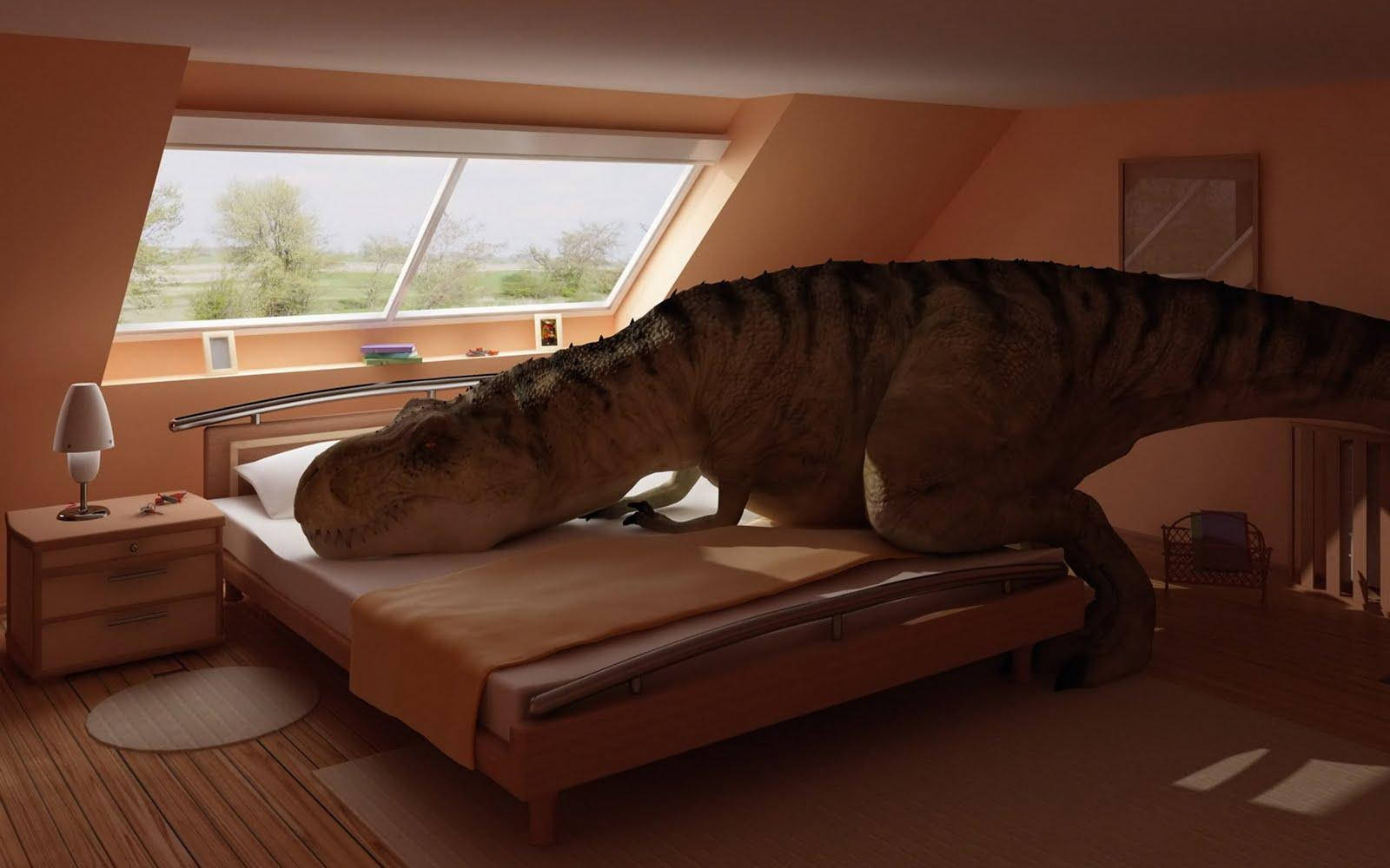 t rex, wooden bed, sunlit attic bedroom, HD Desktop Wallpaper