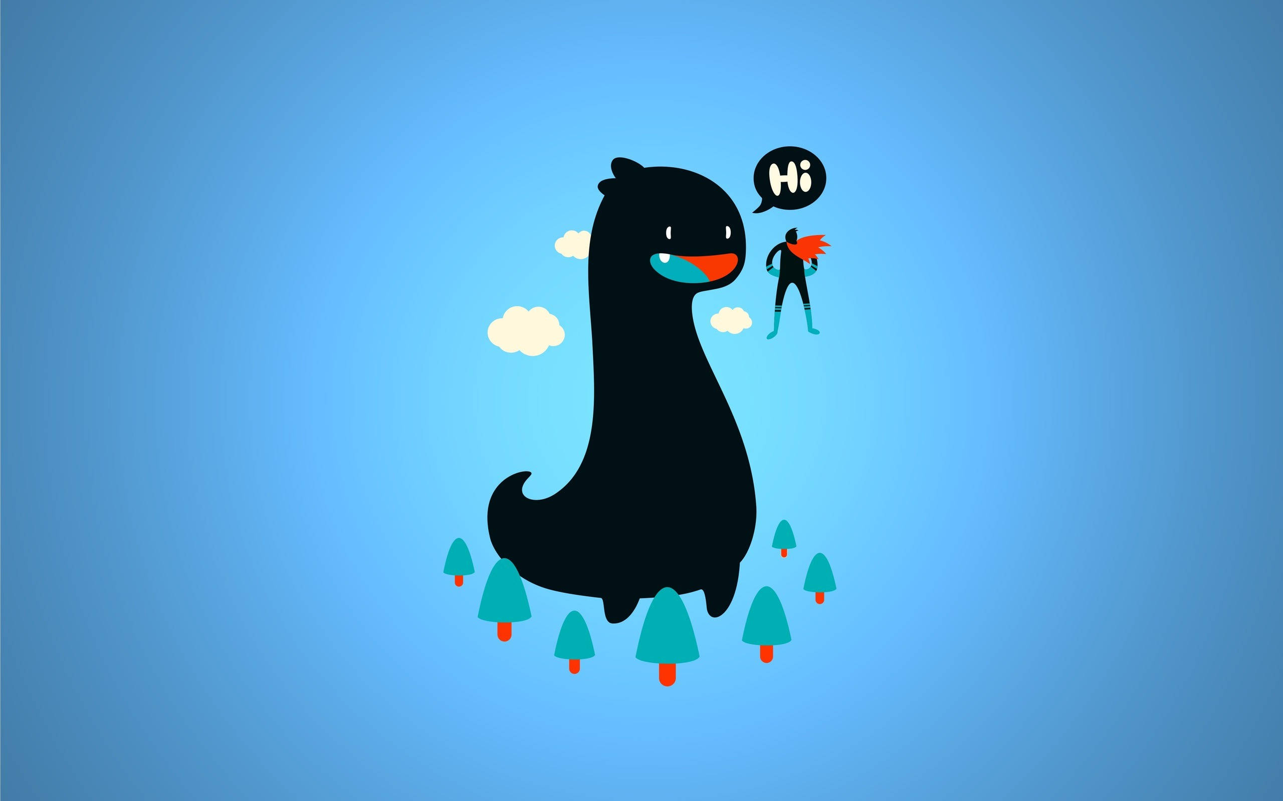 black cartoon dinosaur, red mouth, teal trees, 2K Desktop Wallpaper