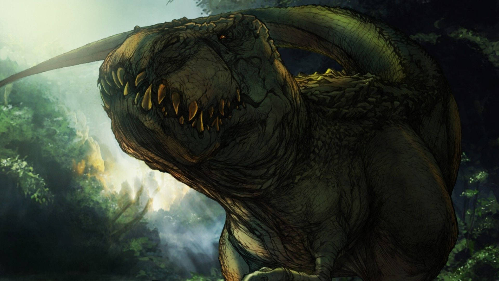 tyrannosaurus rex, glowing eyes, sharp teeth, Full HD Desktop Wallpaper