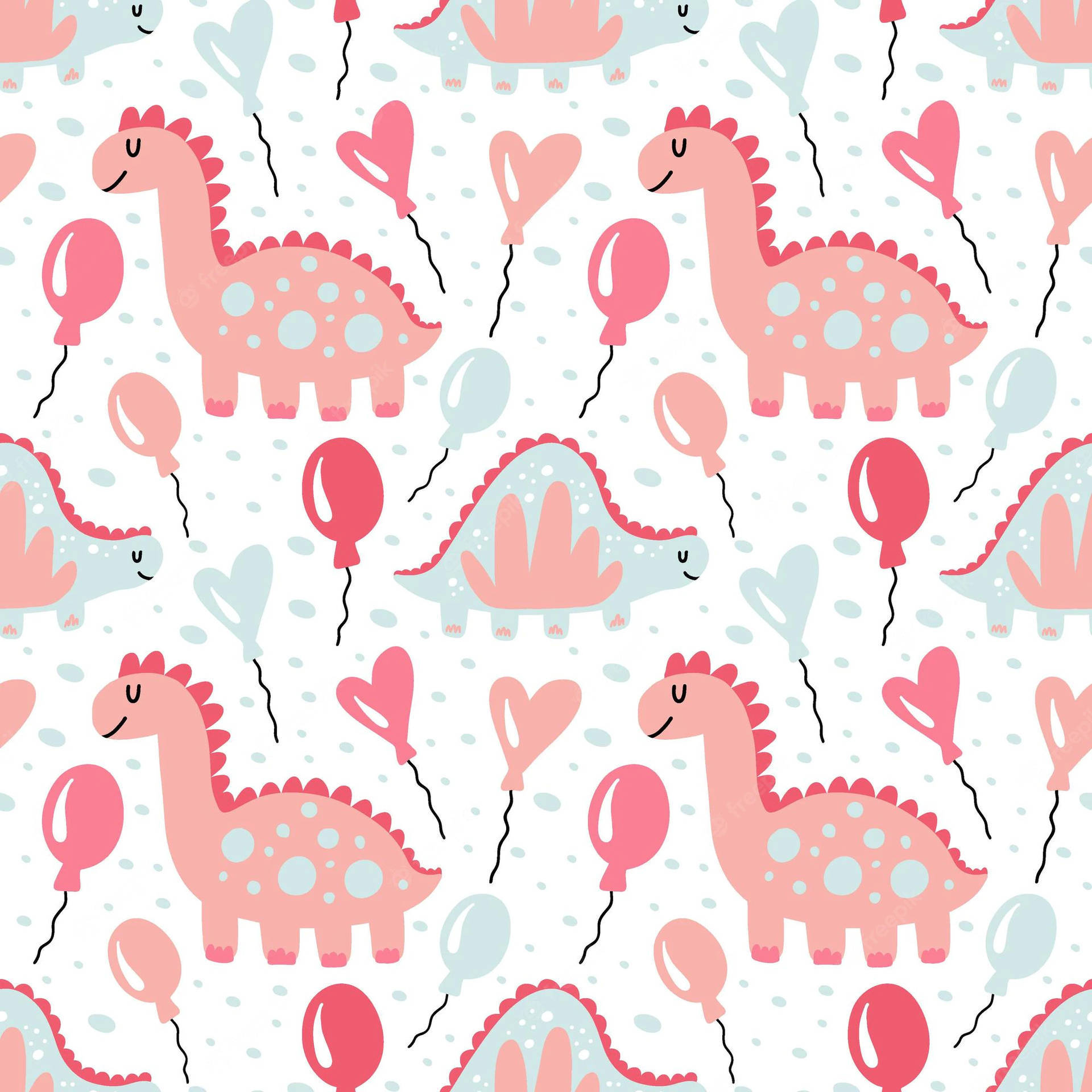 cute pink and blue cartoon dinosaurs, balloons, hearts, Full HD Desktop Wallpaper