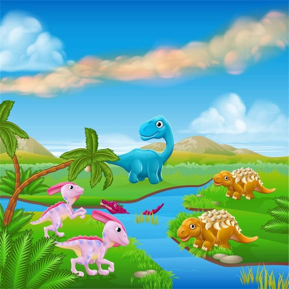 cartoon dinosaur, river, bright blue sky, SD Phone Wallpaper
