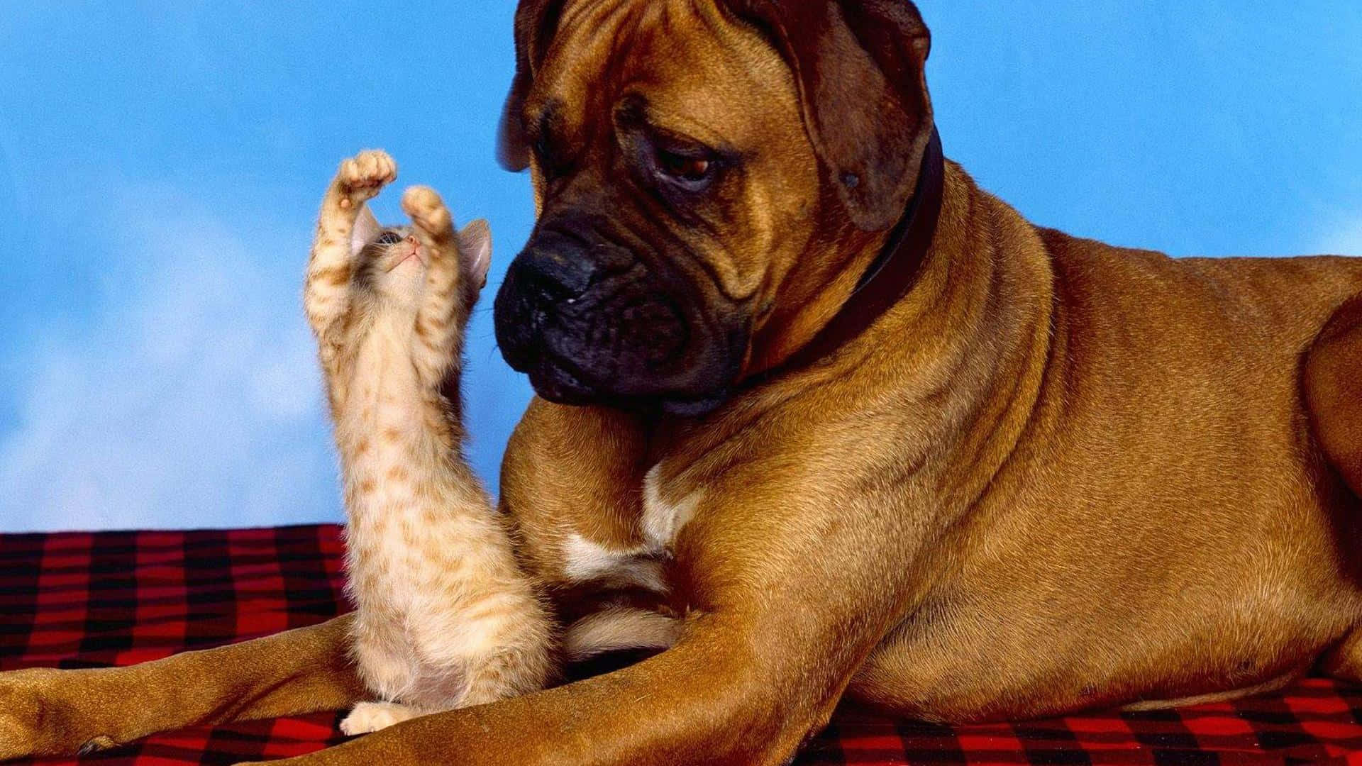 brown boxer dog, orange tabby kitten, blue sky backdrop, Full HD Desktop Wallpaper