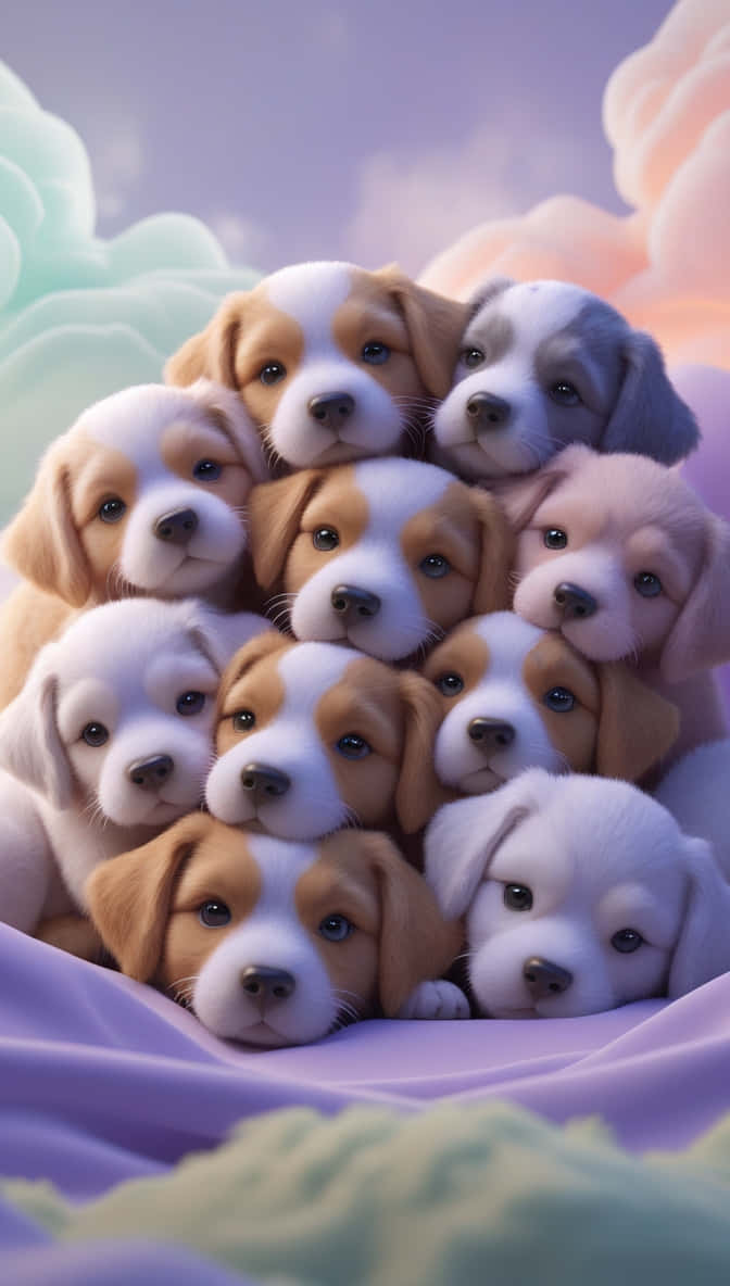 sleepy puppies, soft purple blanket, pastel sky, SD Phone Wallpaper