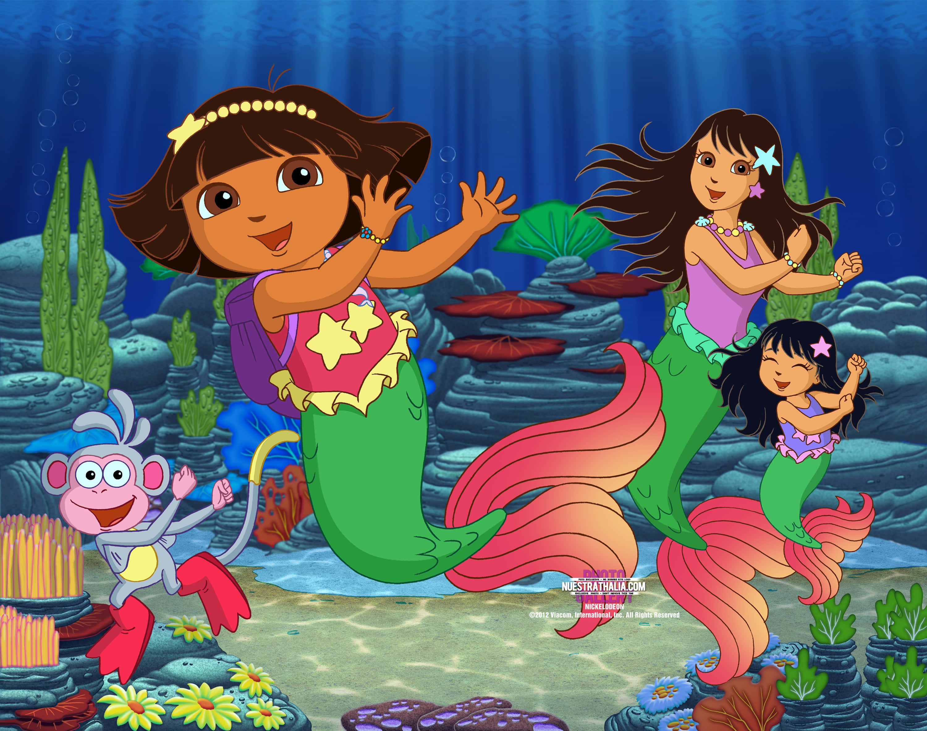 Dora, mermaids, coral reef, 2K Desktop Wallpaper