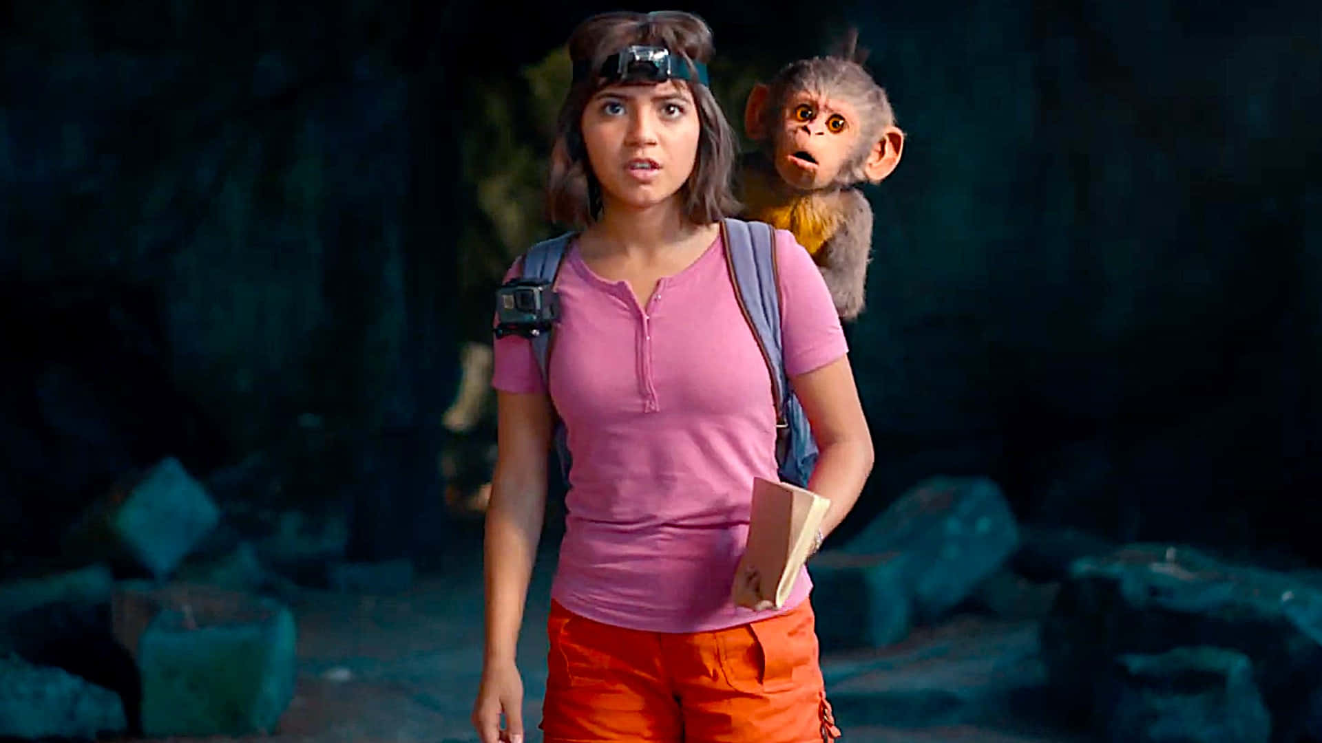 pink shirt, orange shorts, dark cave, Full HD Desktop Wallpaper