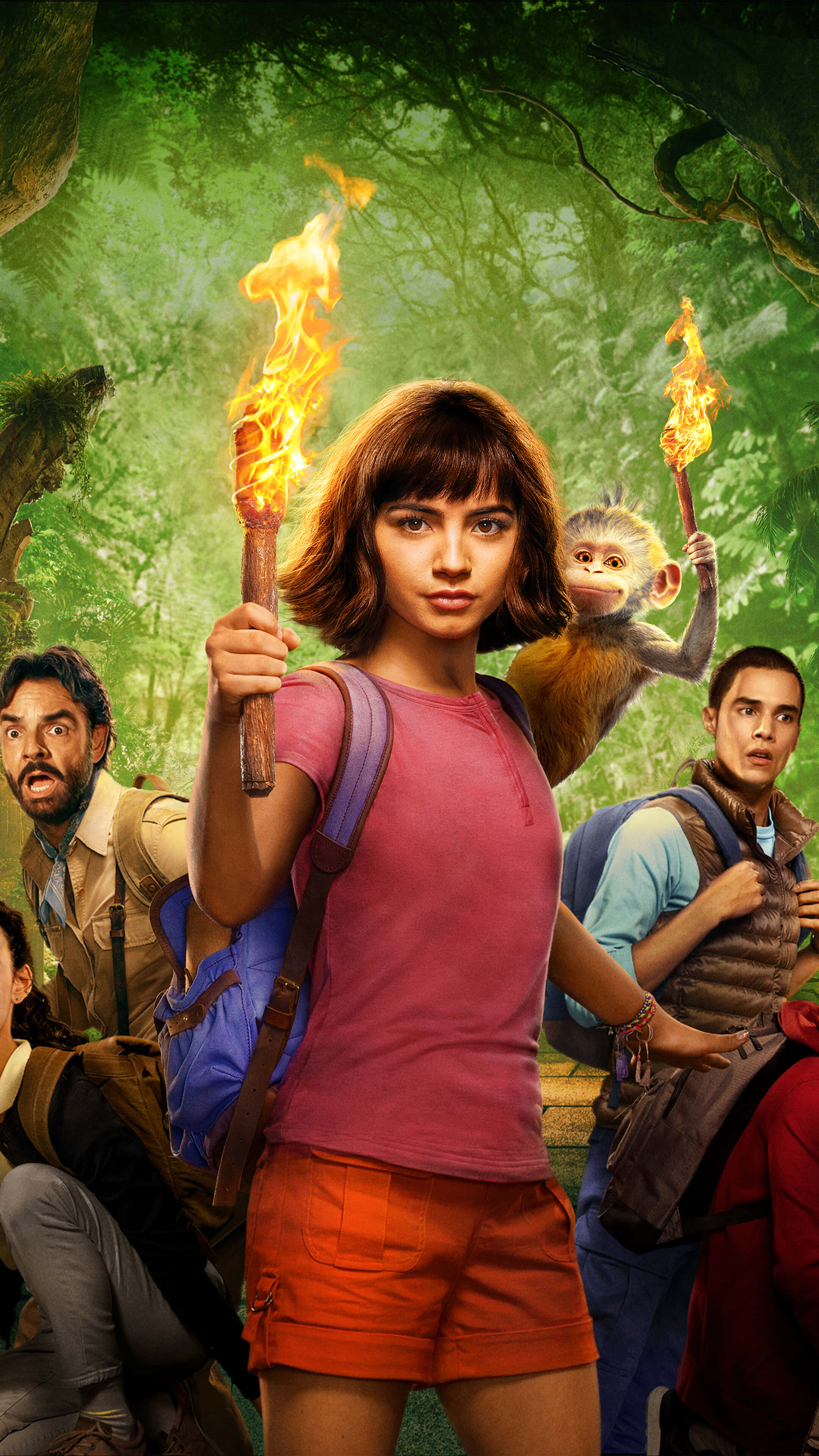 Funny Dora, flaming torch, lush green jungle, 4K Phone Wallpaper