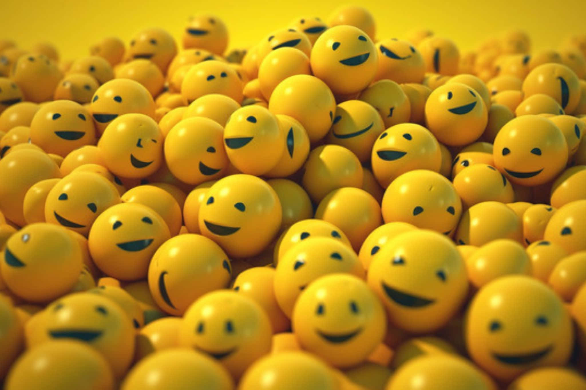 Sea of Smiles Emoji Balls, glossy yellow smiley face balls, varied expressions, Full HD Desktop Wallpaper