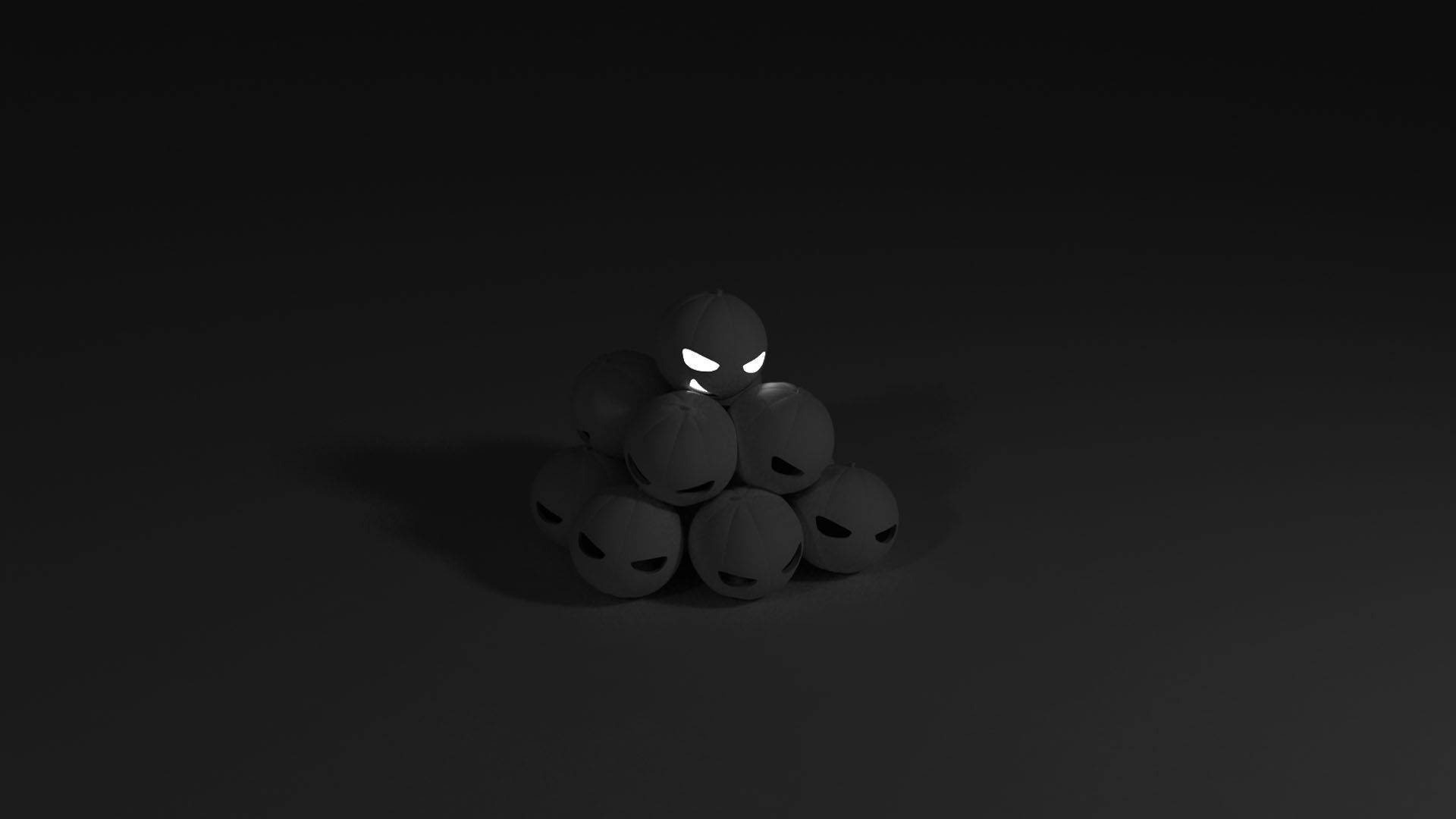 gray spherical creatures, glowing white eyes, black slit mouths, Full HD Desktop Wallpaper