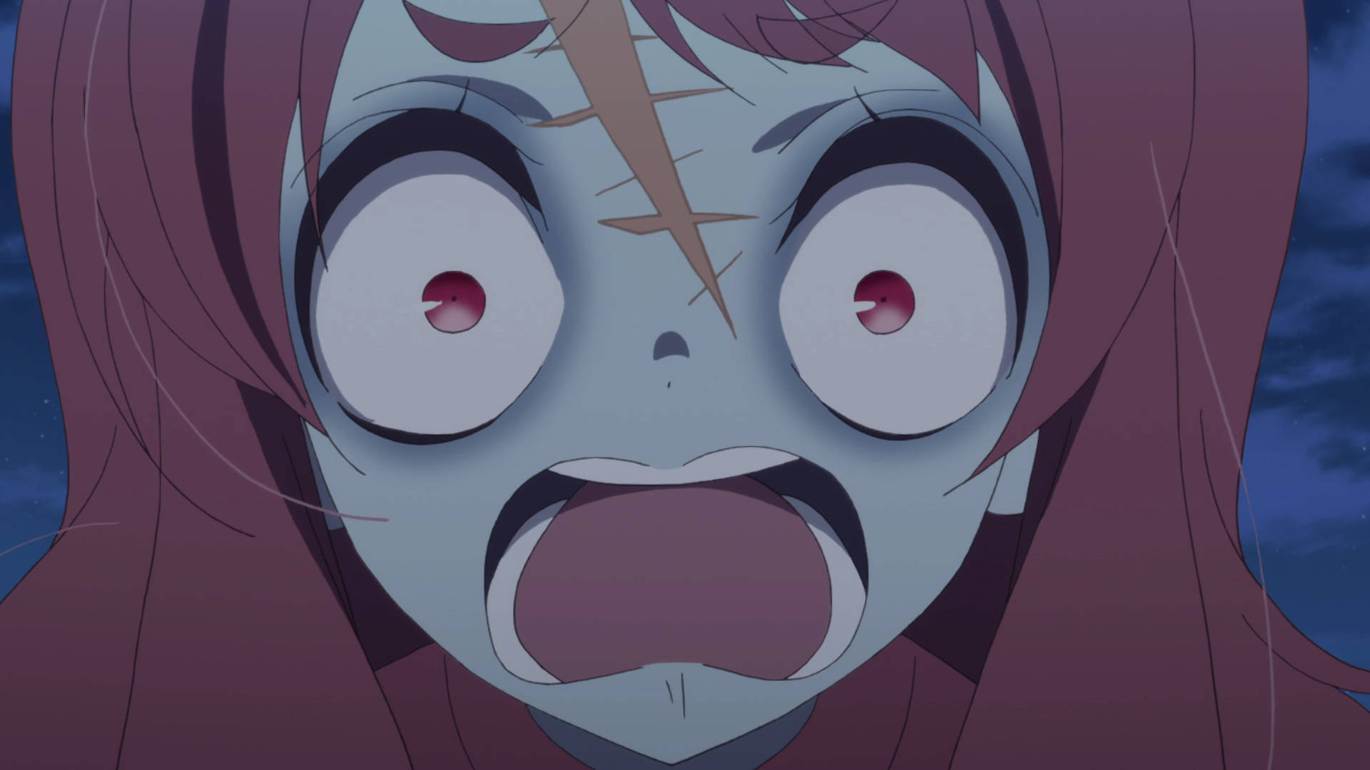 zombie land, anime girl, wide red eyes, Full HD Desktop Wallpaper