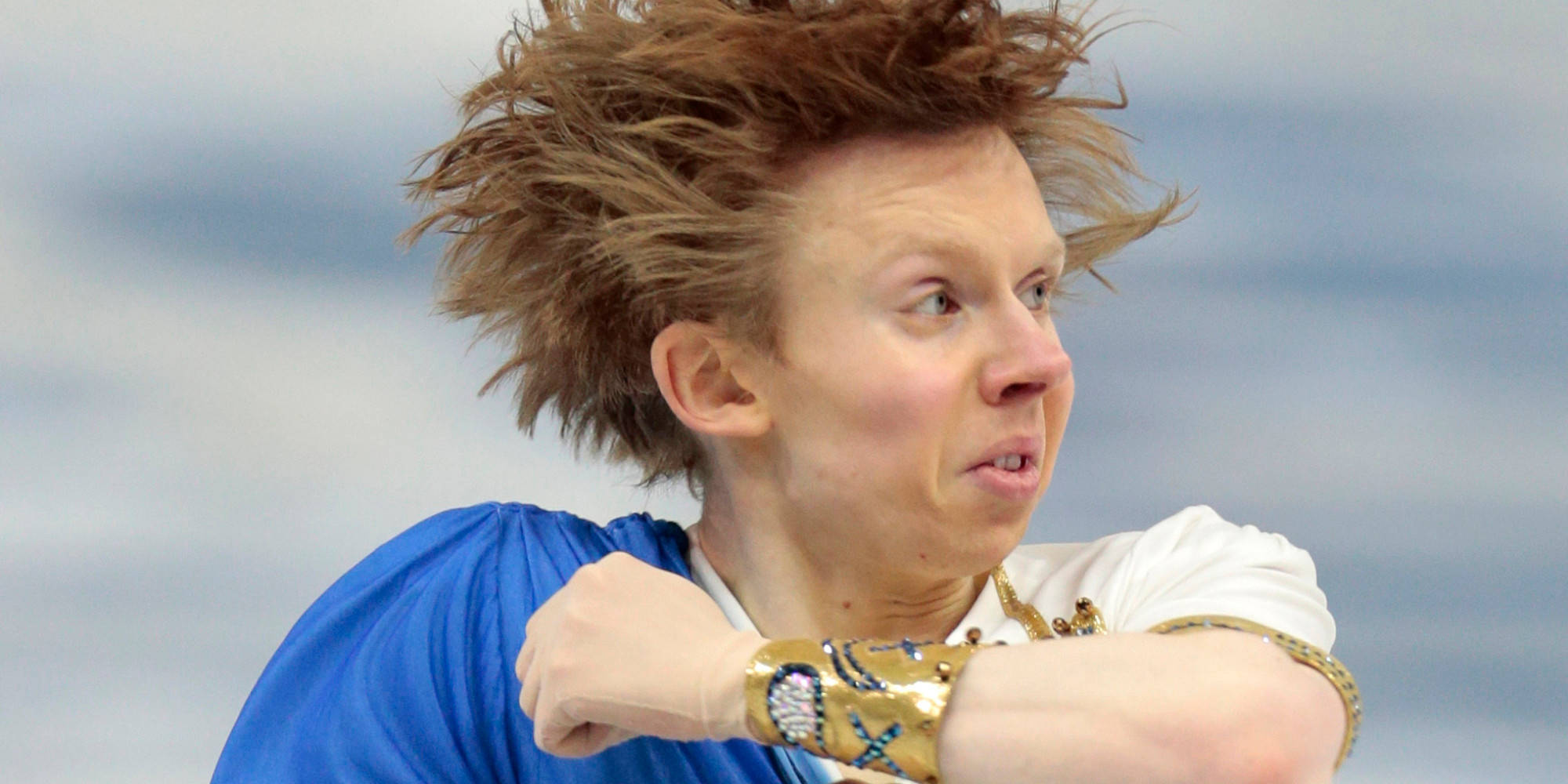 figure skater, blue costume, gold arm bands, Full HD Desktop Wallpaper