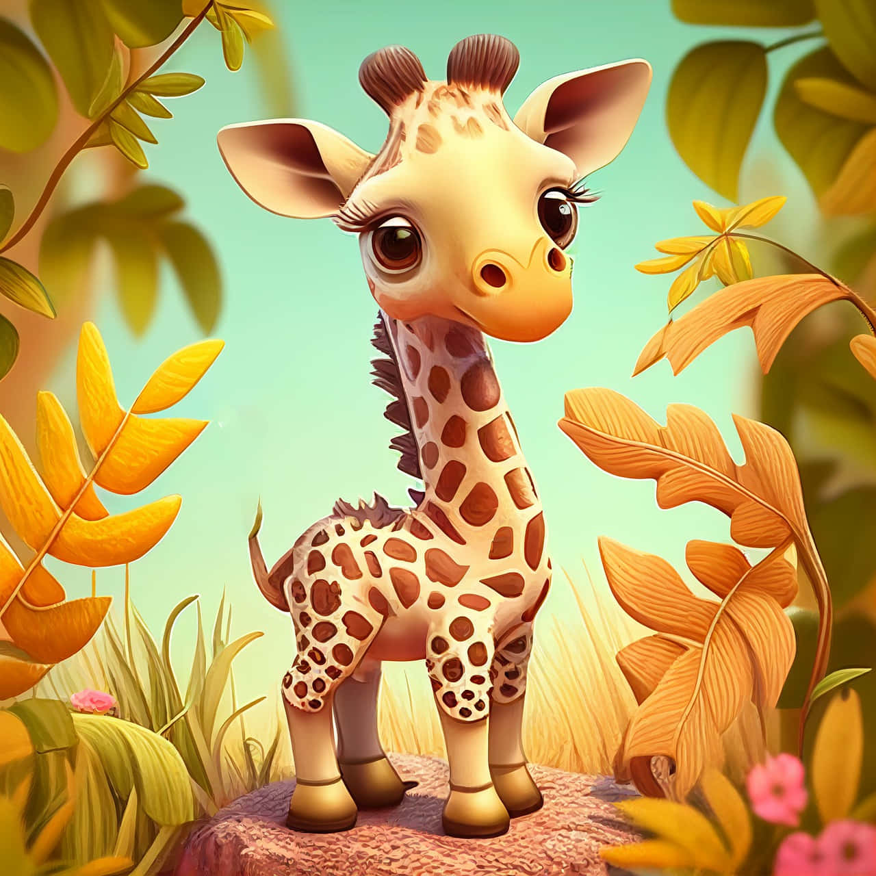 cute baby giraffe, 3D cartoon art, big eyes, HD Desktop Wallpaper