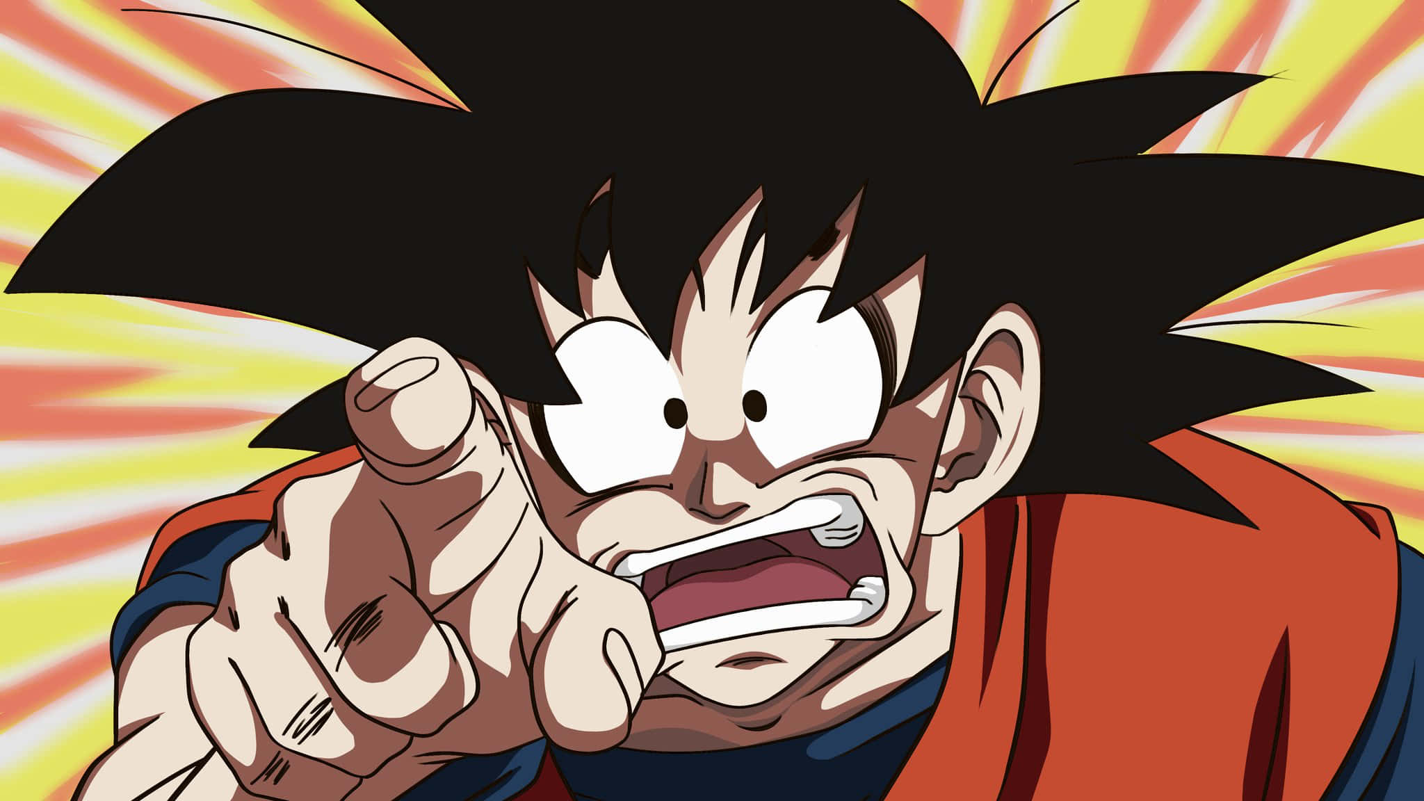 Goku, spiky black hair, radiant yellow and orange background, Full HD Desktop Wallpaper