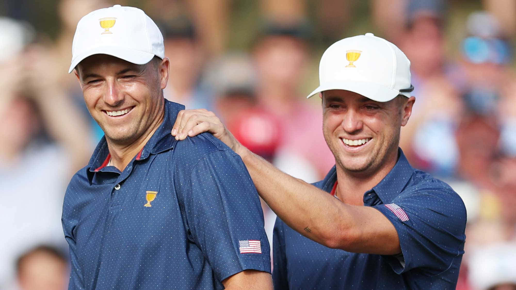 blue shirts, white caps, two smiling male golfers, Full HD Desktop Wallpaper