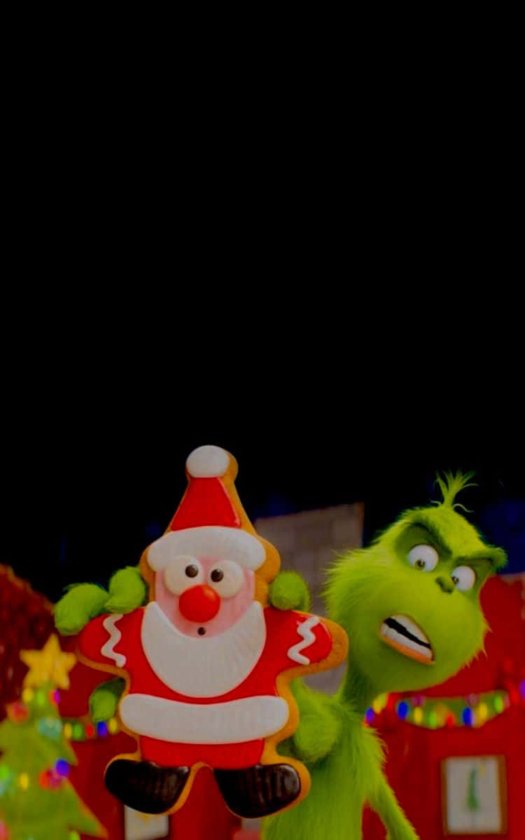 Grinch, Santa cookie, dark festive backdrop, SD Phone Wallpaper