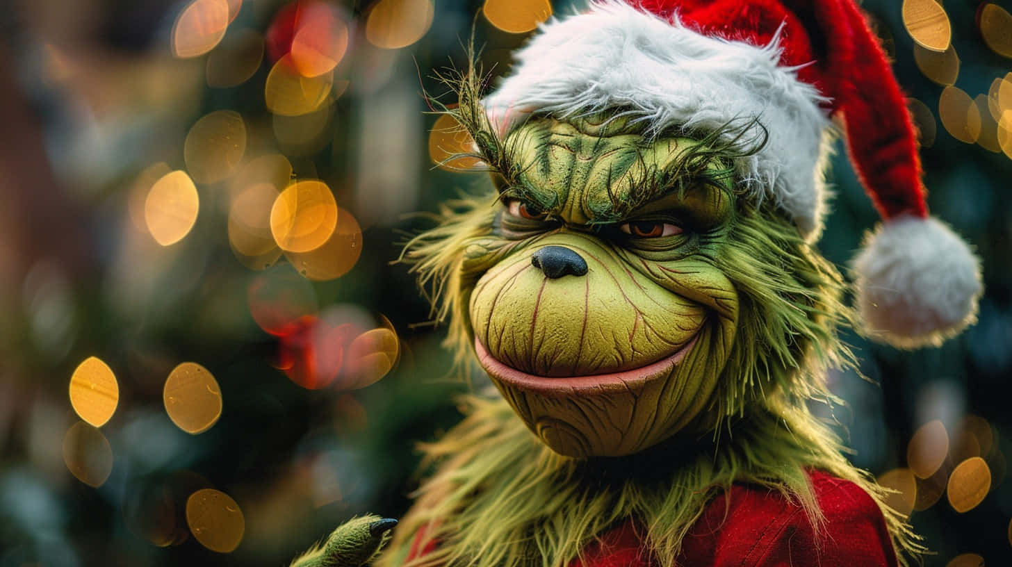 Grinch, red Santa hat, mischievously, HD Desktop Wallpaper