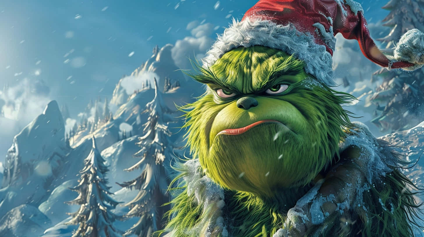 Grinch, snow-dusted Santa hat, snowy mountains, HD Desktop Wallpaper