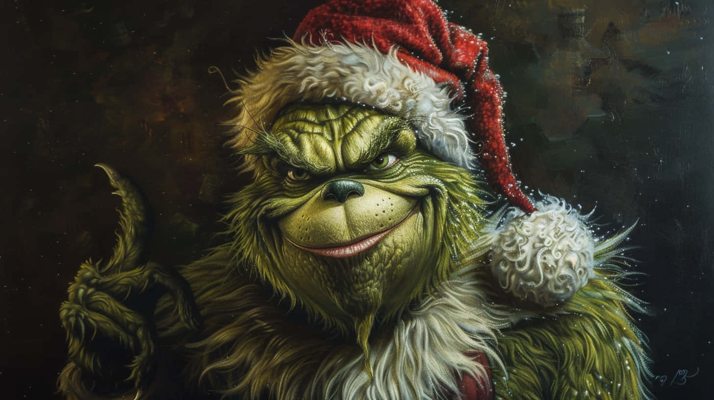 Grinch, red Santa hat, dark snowy backdrop, HD Desktop Wallpaper