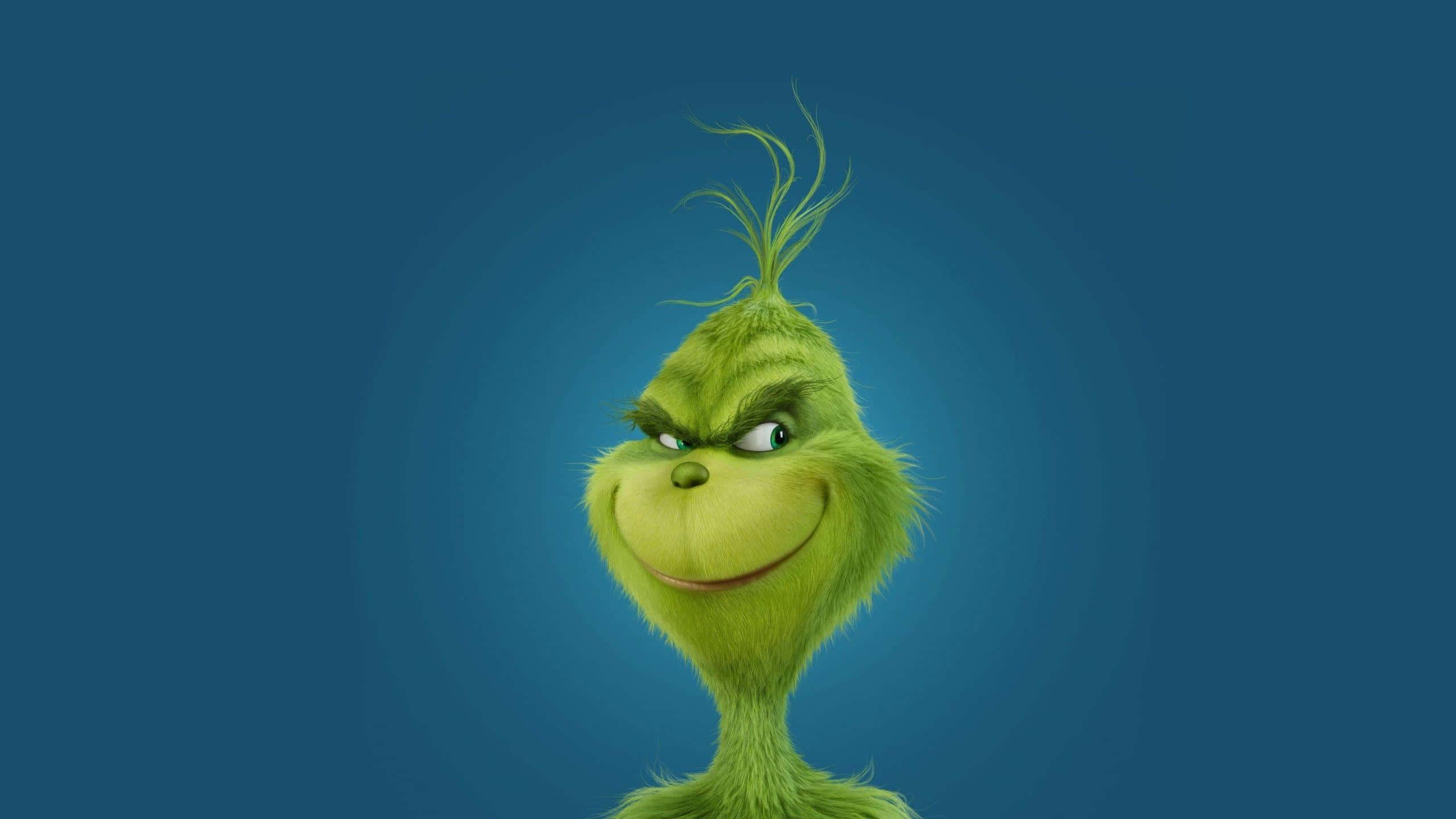 Grinch, smirking, blue background, 2K Desktop Wallpaper