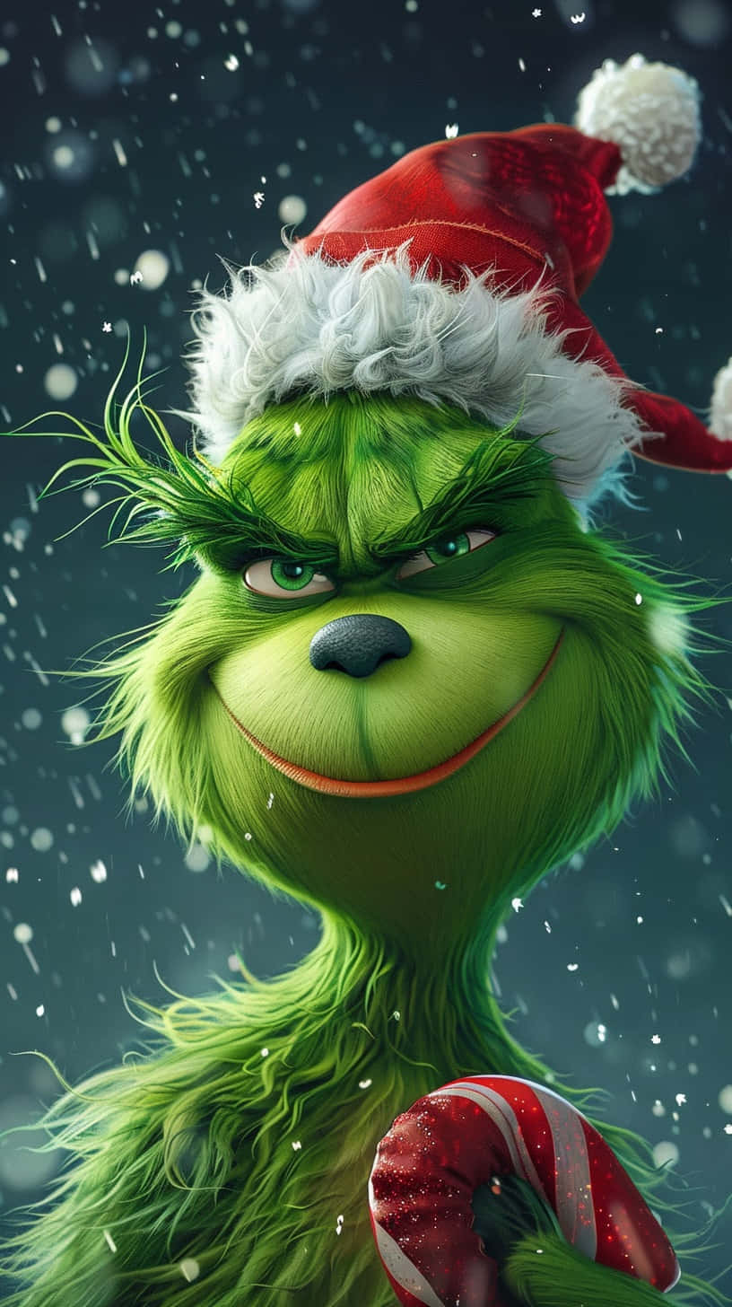 Grinch, red Santa hat, candy cane, HD Phone Wallpaper
