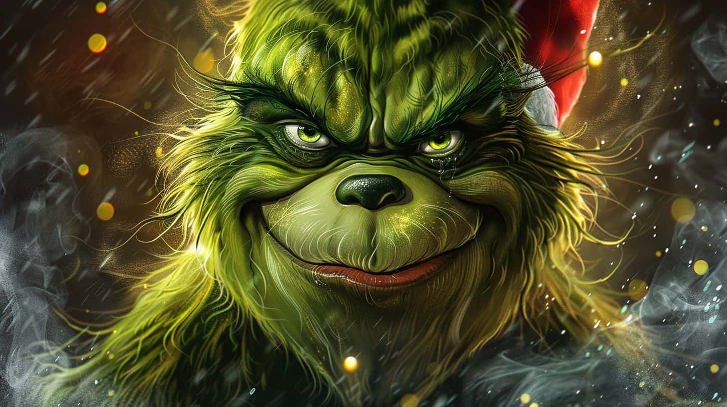 Grinch, red Santa hat, golden sparkles, HD Desktop Wallpaper