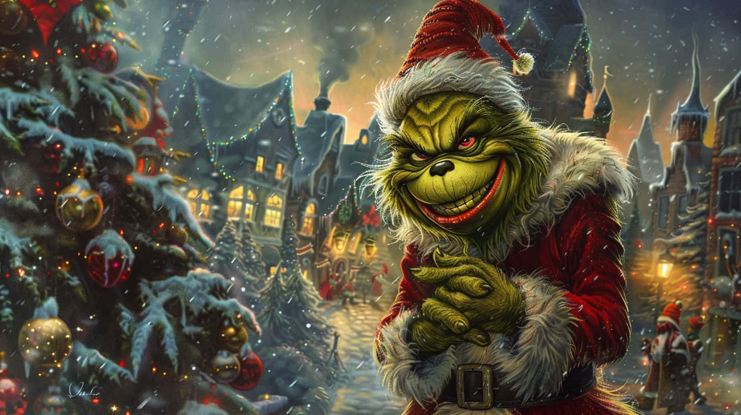 Grinch, red Santa suit, white fur trim, HD Desktop Wallpaper