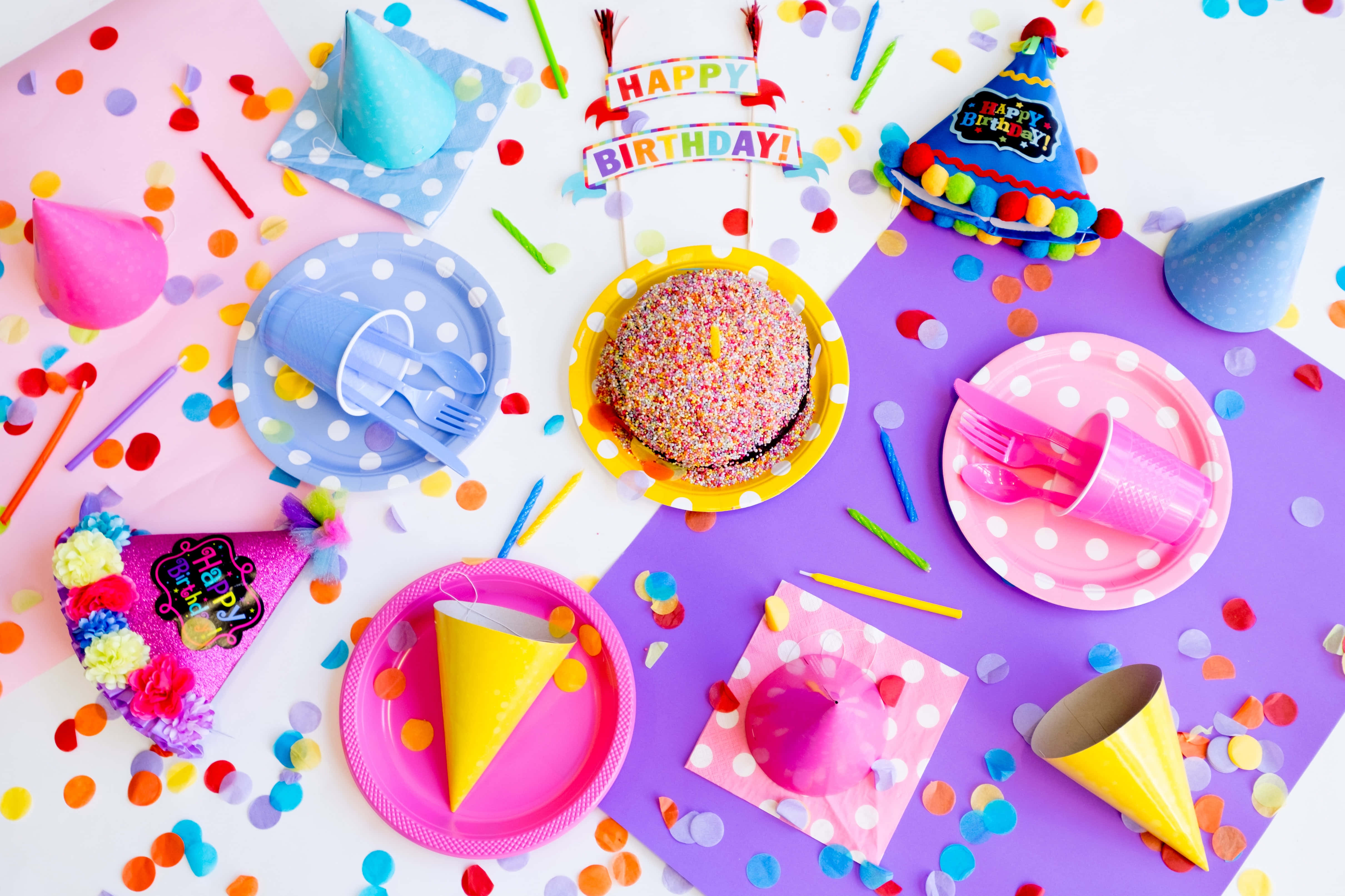 birthday party spread, colorful plates, colorful cups, 4K Desktop Wallpaper