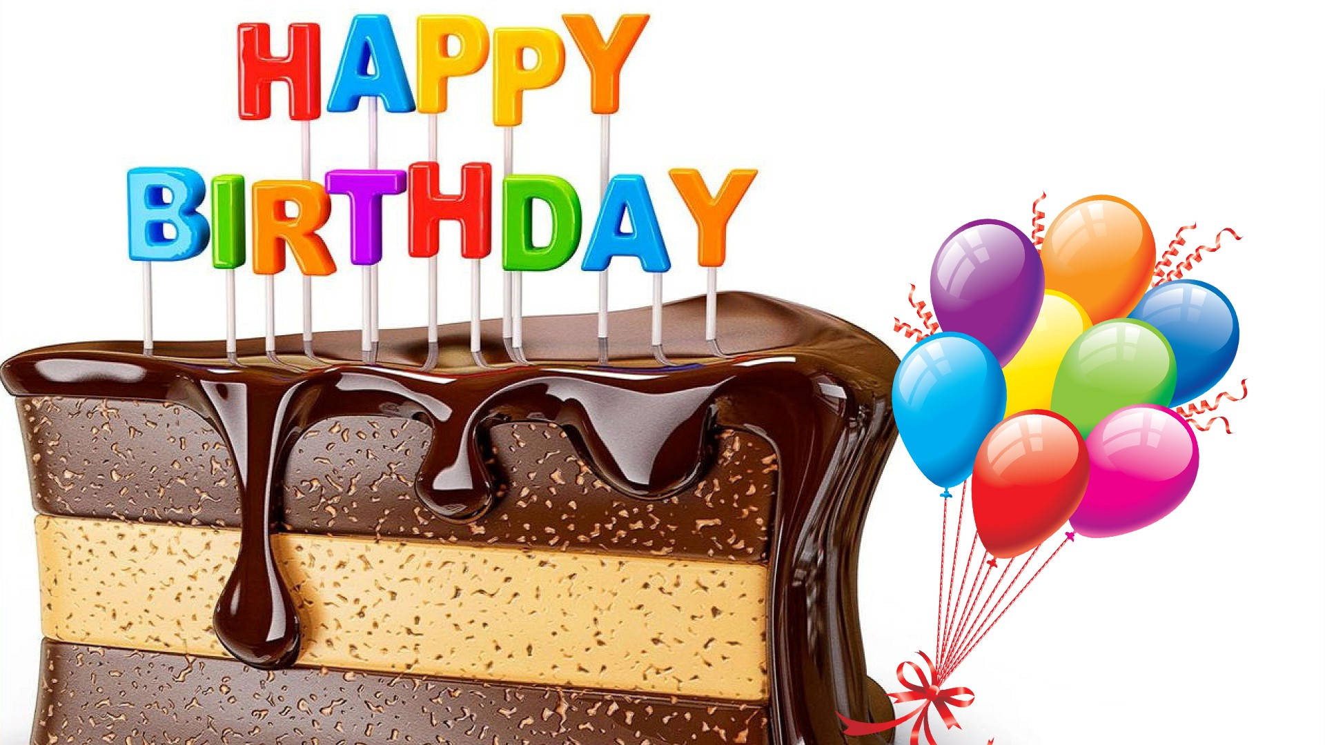 Aesthetic Happy Birthday Cake Slice, layered chocolate birthday cake, dripping frosting, Full HD Desktop Wallpaper