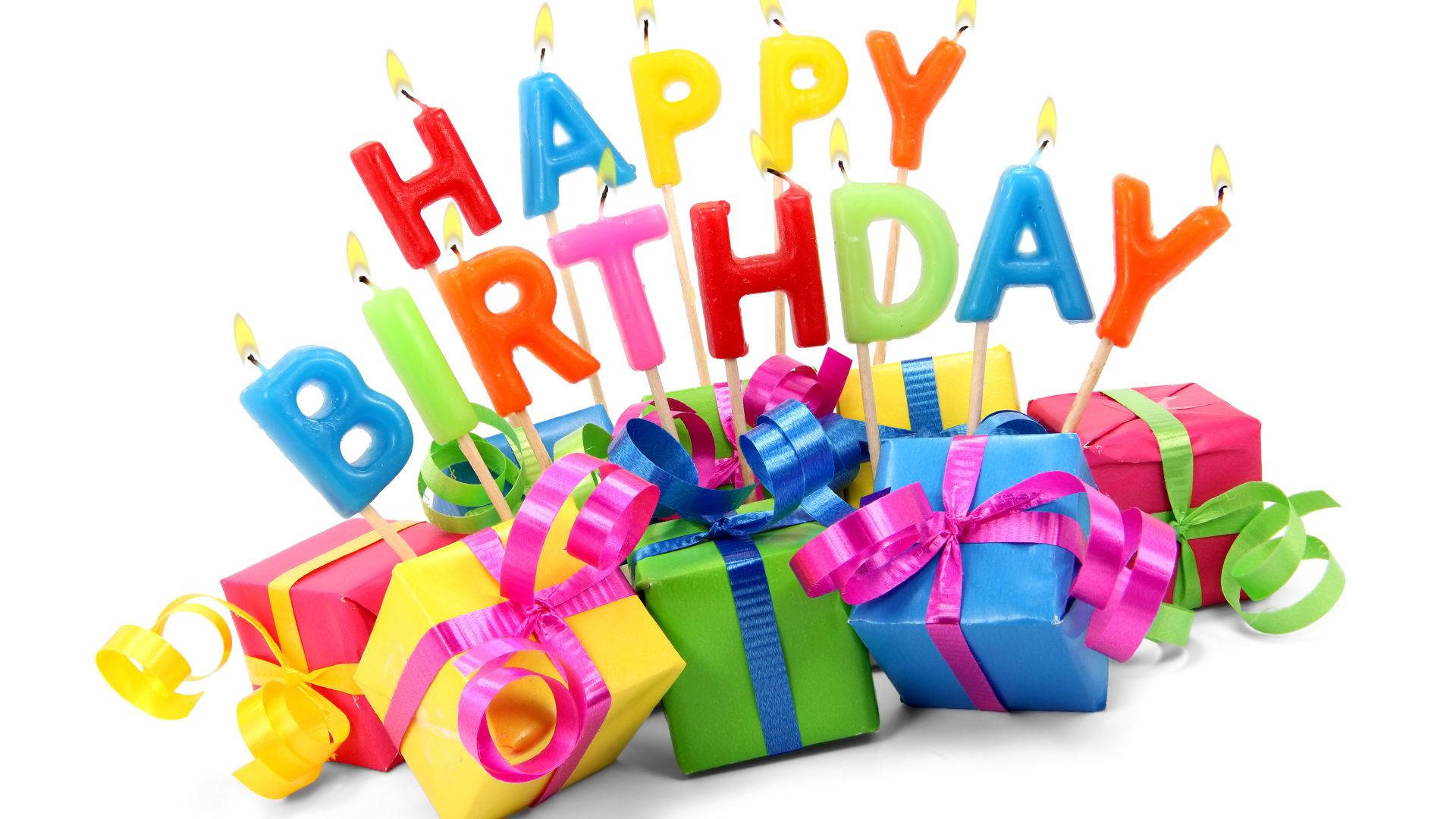 Happy Birthday, colorful birthday candles, wrapped gifts, Full HD Desktop Wallpaper
