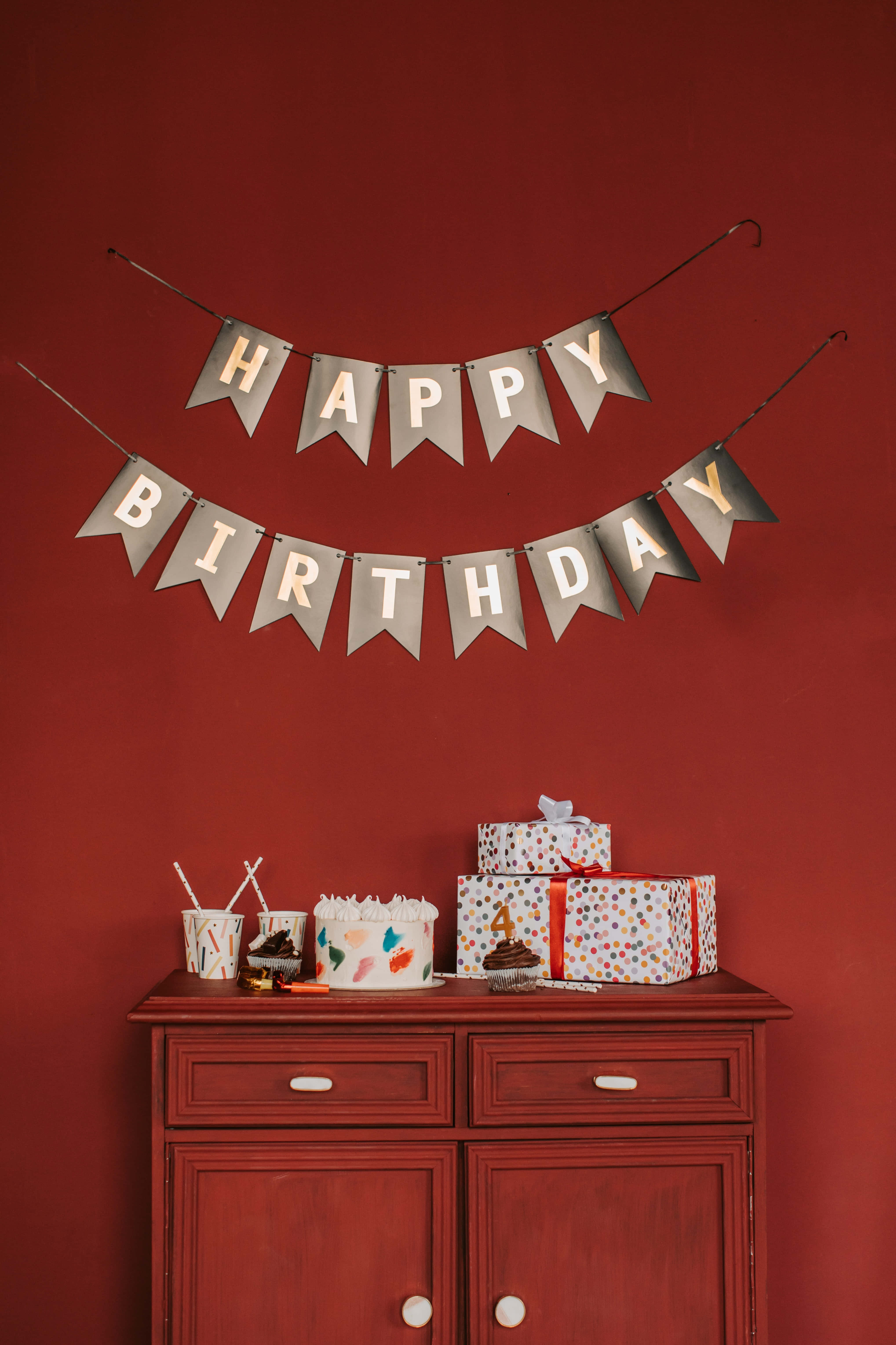 metallic banner, colorful gifts, wooden cabinet, 5K Phone Wallpaper