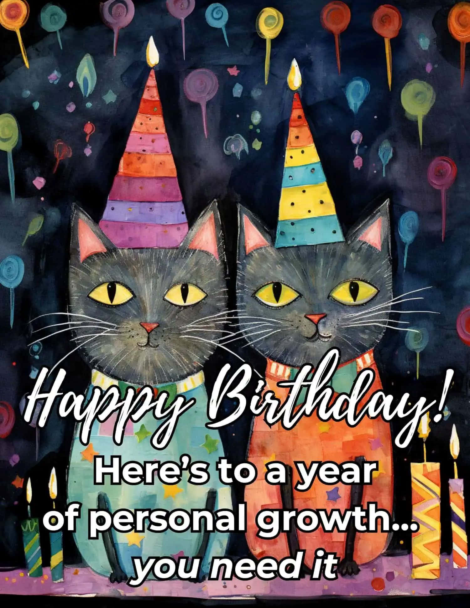 gray cats, rainbow party hats, candles, Full HD Phone Wallpaper