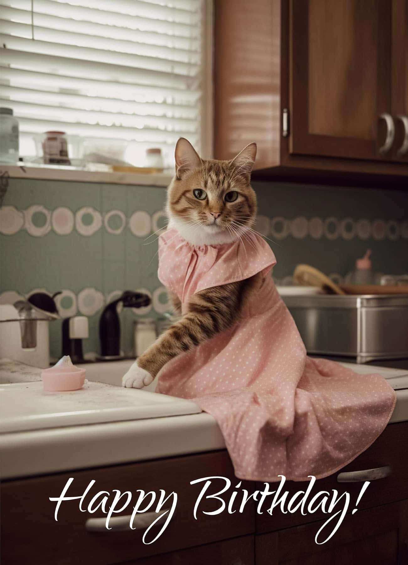 tabby cat, pink polka dot dress, kitchen sink, HD Phone Wallpaper