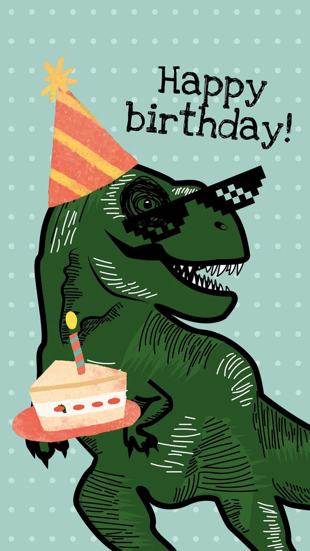 green cartoon dinosaur, pixelated sunglasses, striped party hat, Full HD Phone Wallpaper