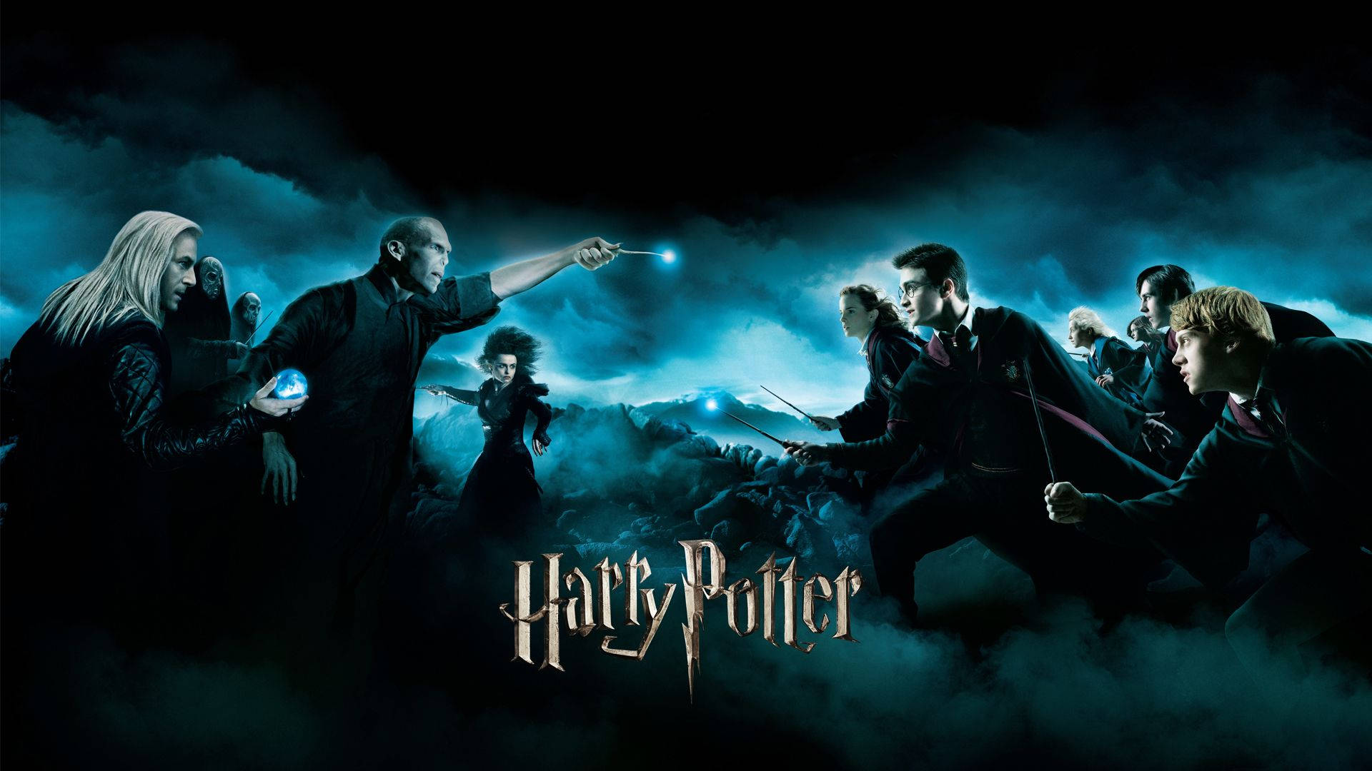 Harry Potter, stormy teal skies, glowing wands, Full HD Desktop Wallpaper