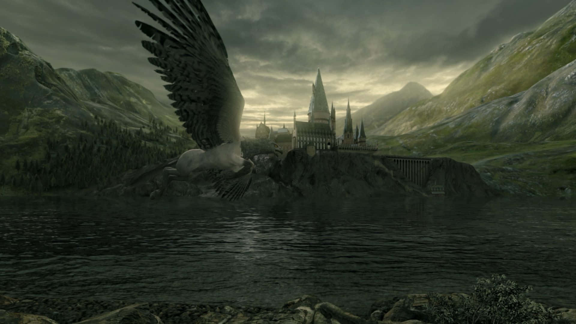 Harry Potter, gothic castle, misty lake, Full HD Desktop Wallpaper