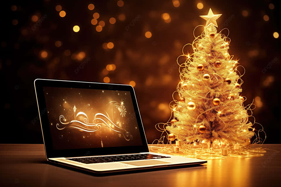 golden swirls, glowing golden Christmas tree, lights and ornaments, SD Desktop Wallpaper