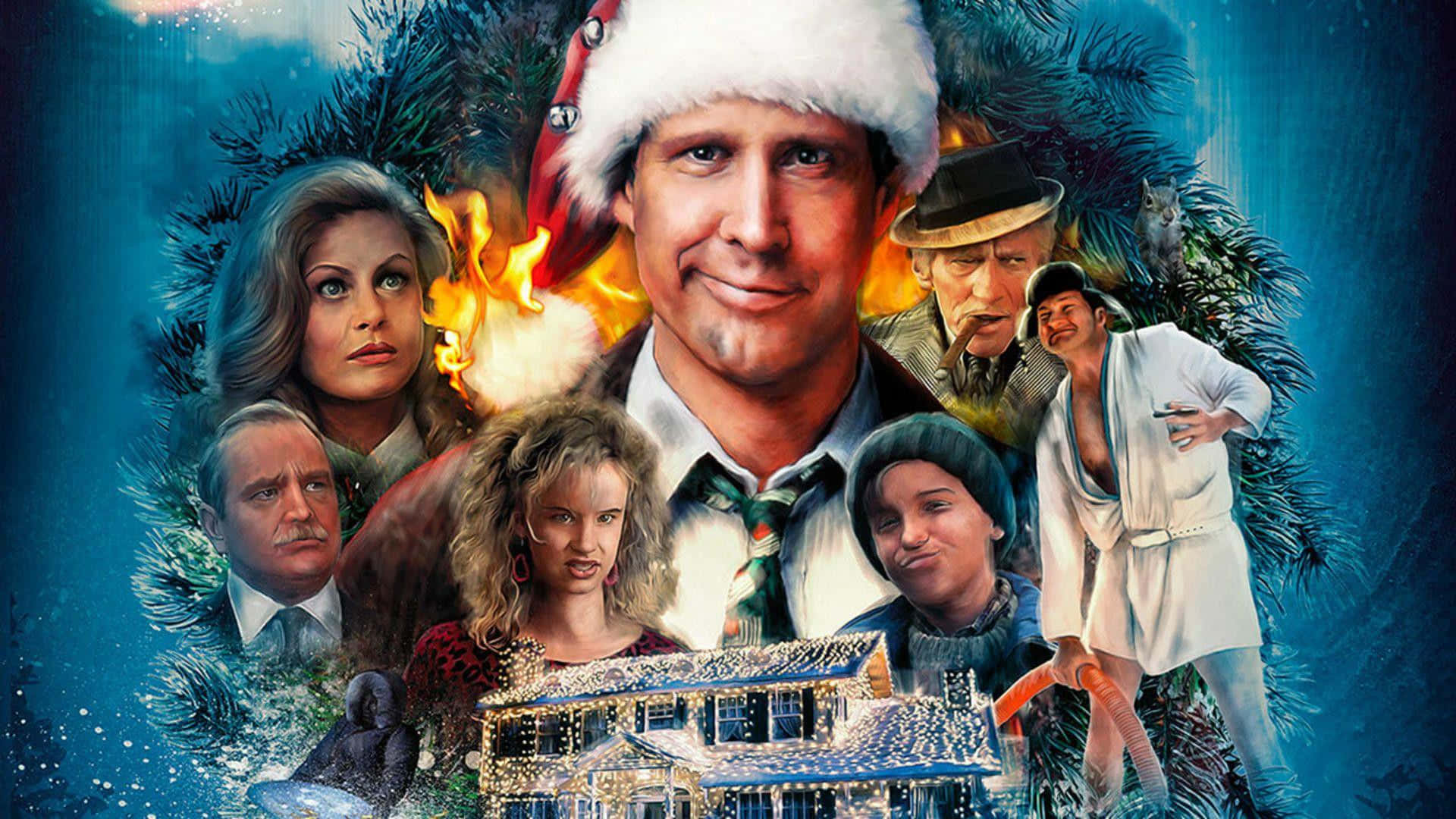 Santa hat, festive movie poster, snow-covered house, Full HD Desktop Wallpaper
