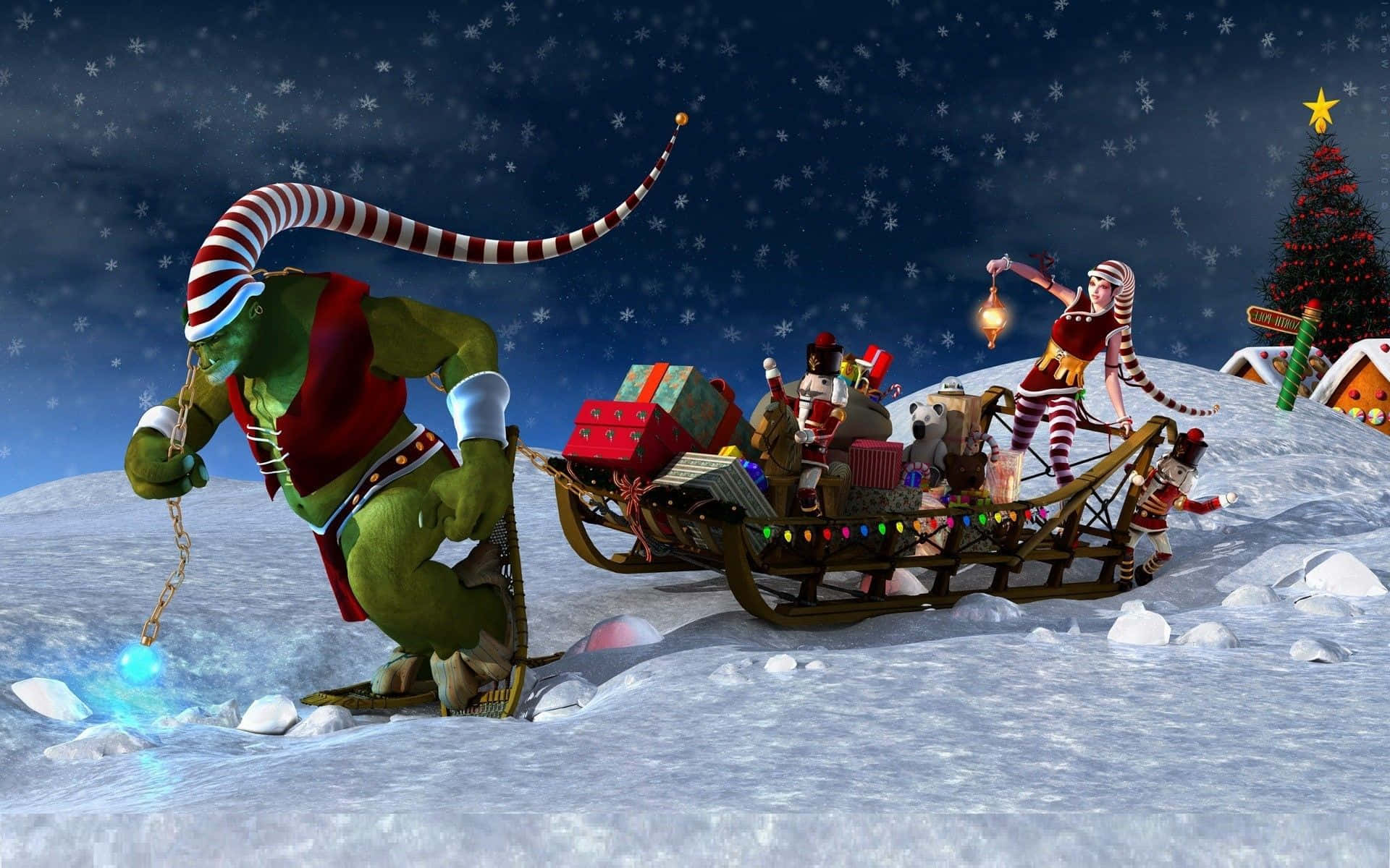 green ogre, sleigh full of gifts, snowy hills, Full HD Desktop Wallpaper