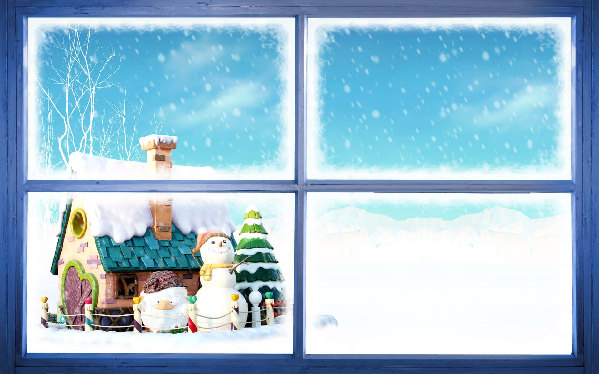blue-framed window, snow falling, snowman, Full HD Desktop Wallpaper