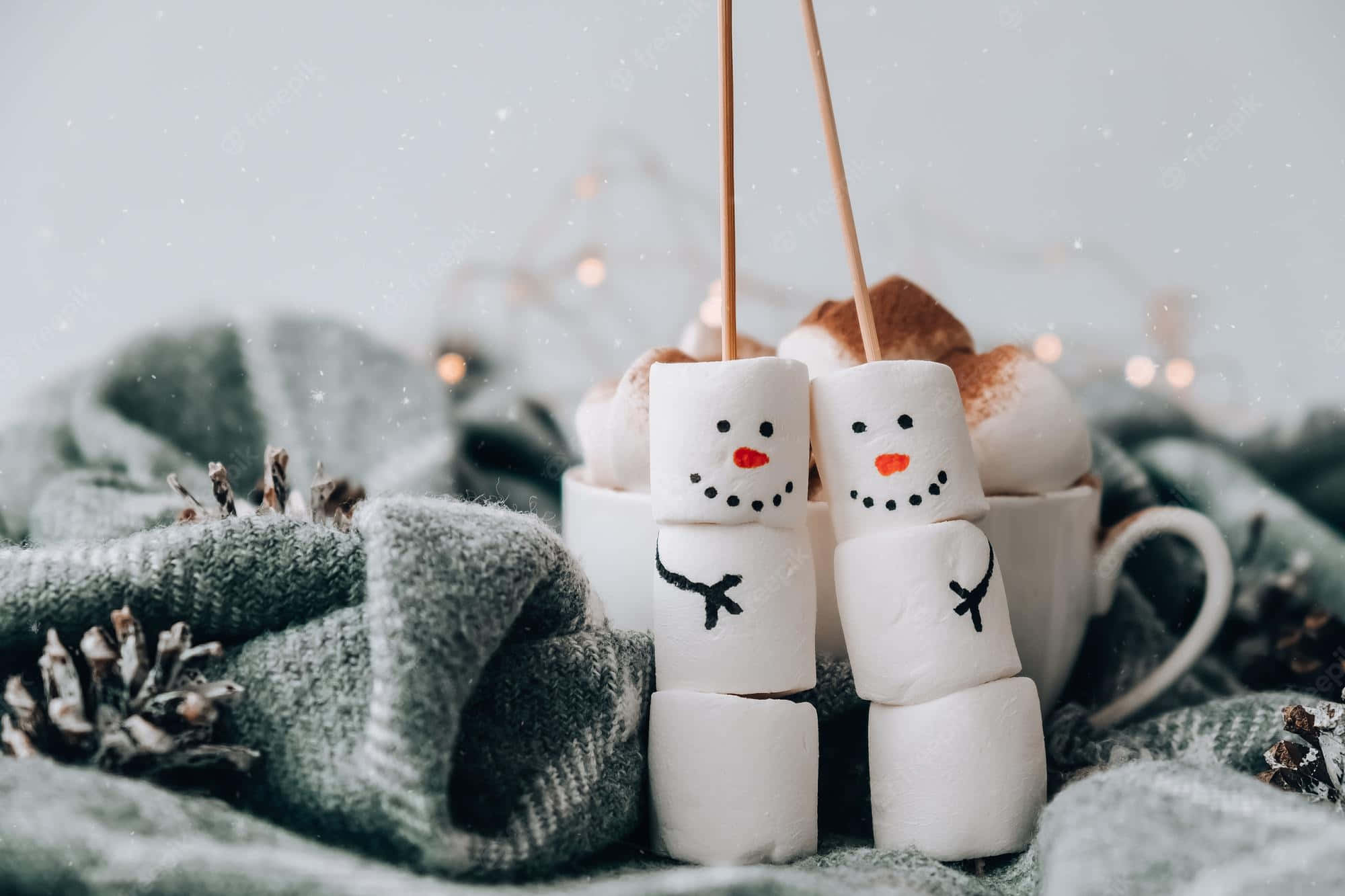 marshmallow snowmen, stick arms, carrot noses, Full HD Desktop Wallpaper