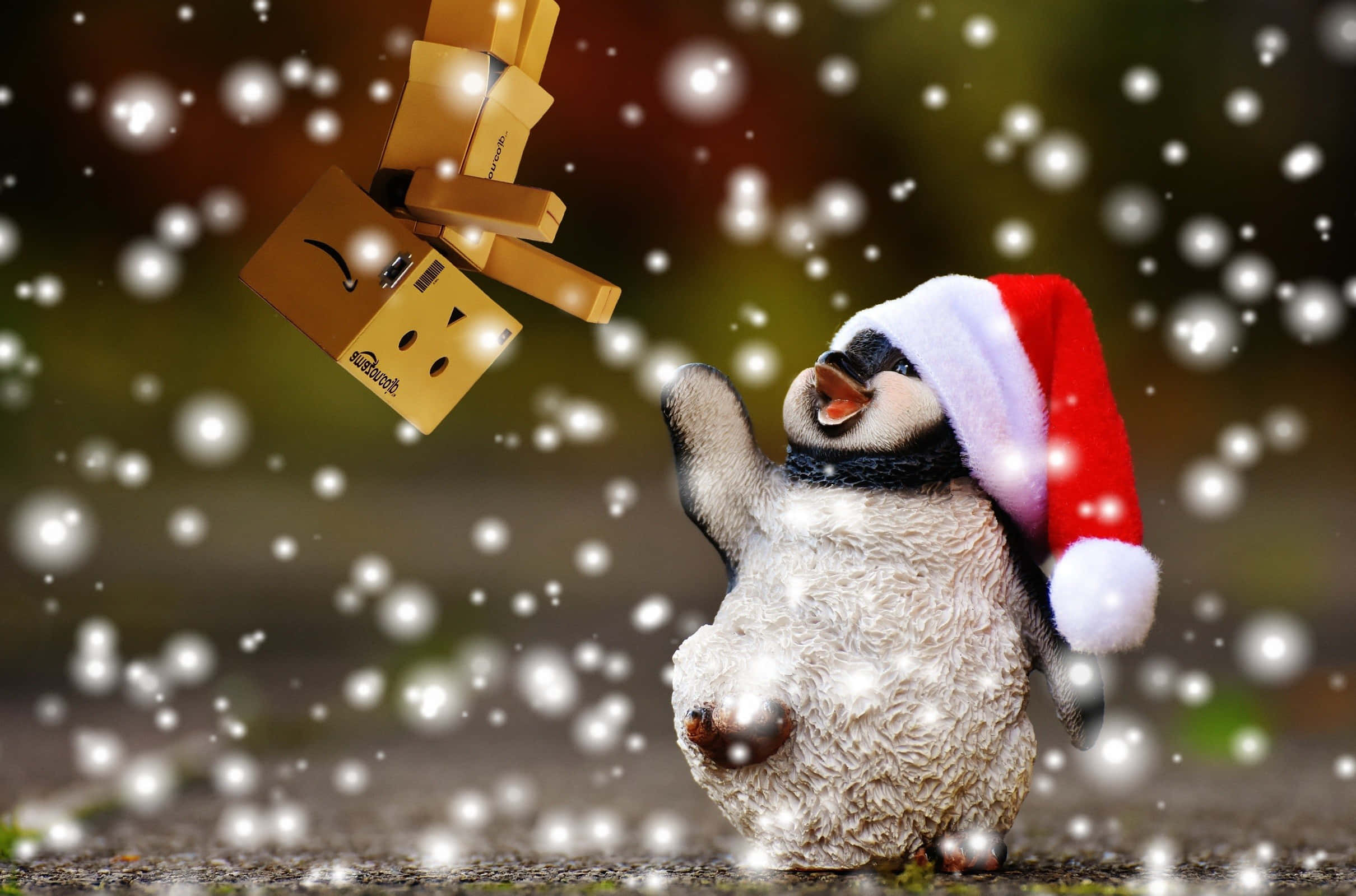 penguin, Santa hat, cardboard box, Full HD Desktop Wallpaper