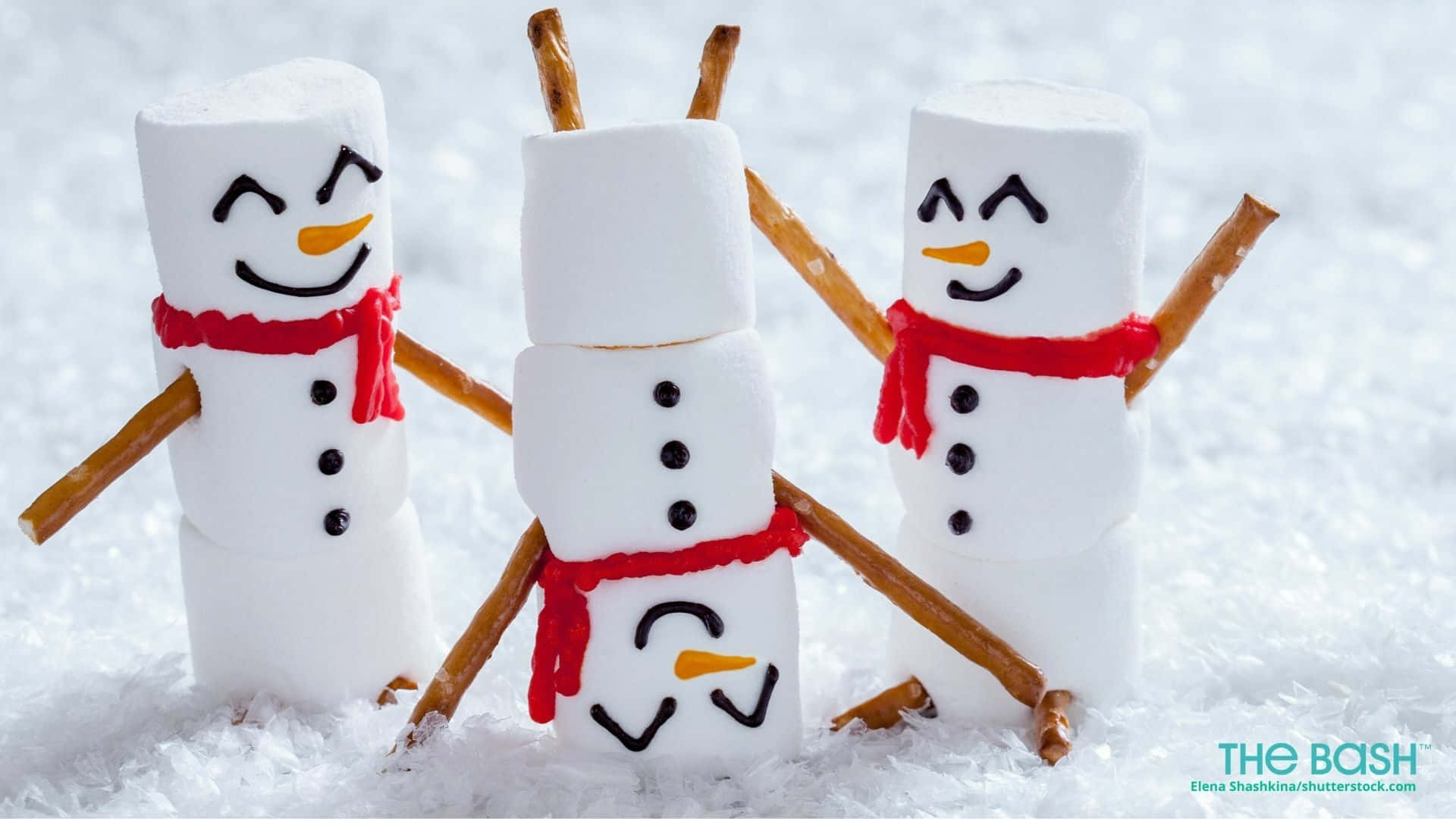 funny holiday desktop, marshmallow snowmen, pretzel arms, Full HD Desktop Wallpaper
