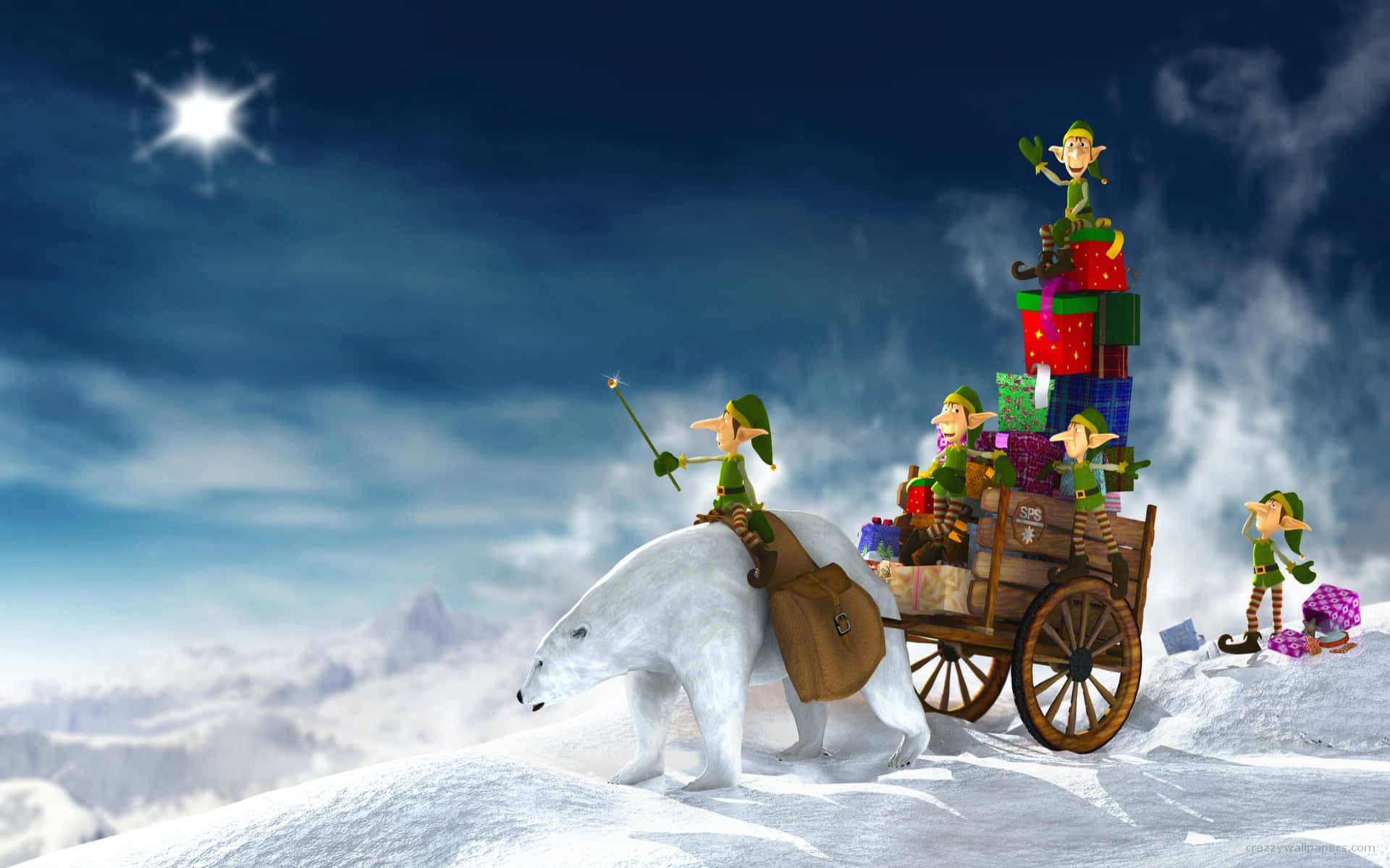 Festive elves, polar bear, wagon, Full HD Desktop Wallpaper