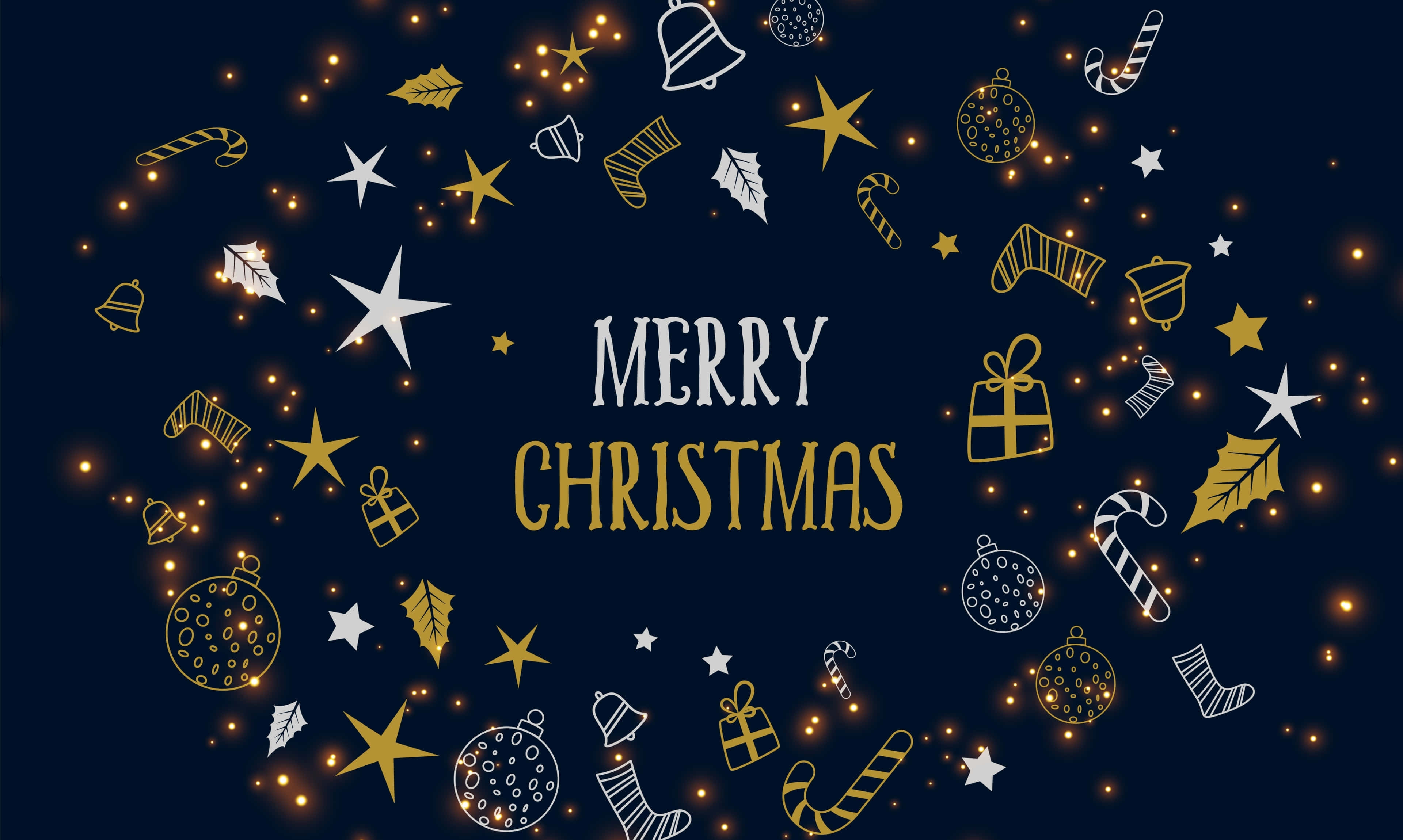 Christmas PC, dark blue background, glowing gold, 4K Desktop Wallpaper