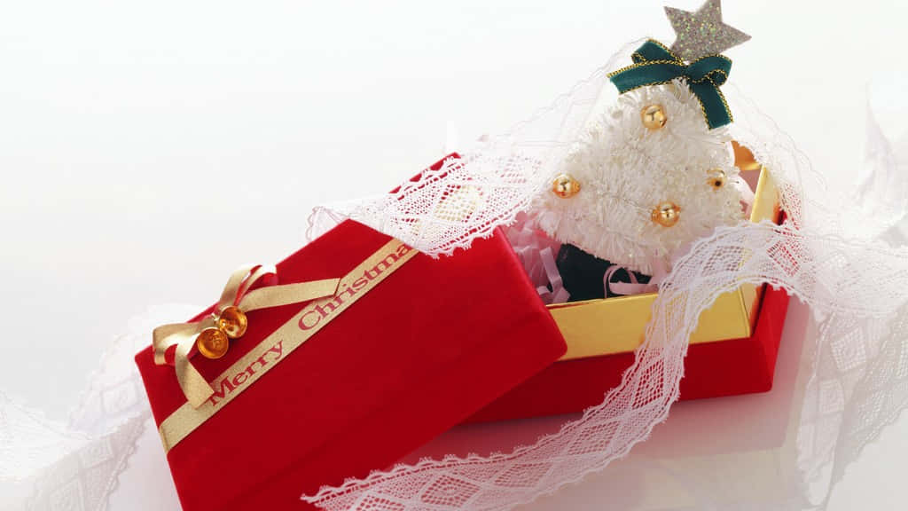 red velvet Christmas gift box, gold ribbon, miniature white tree, SD Desktop Wallpaper